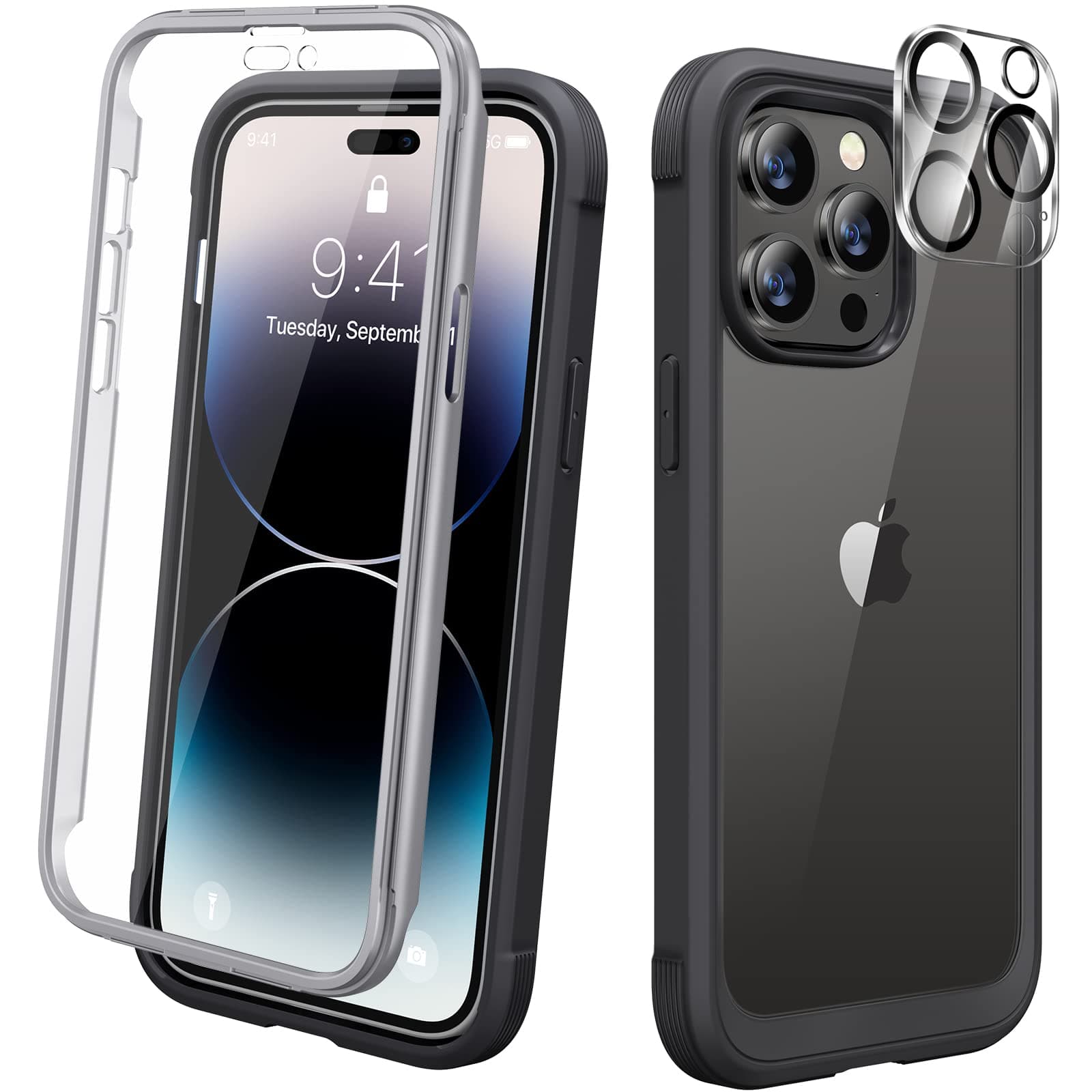 Diaclara Designed for iPhone 14 Pro Max Case 6.7, [2023 Upgraded] Full Body Rugged Case with Built-in Touch Sensitive Anti-Scratch Screen Protector +9H Tempered Glass Camera Lens Protector(Black)