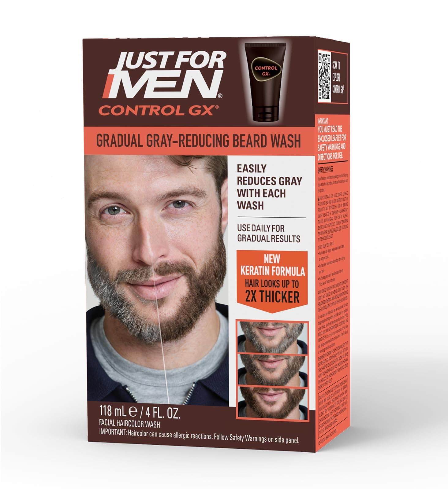 Just for Men Control GX Grey Reducing Beard Wash Shampoo with Keratin, Gradually Colors Mustache and Beard, Leaves Facial Hair Thicker Softer and Fuller, 4 Fl Oz - Pack of 1 (Packaging May Vary)