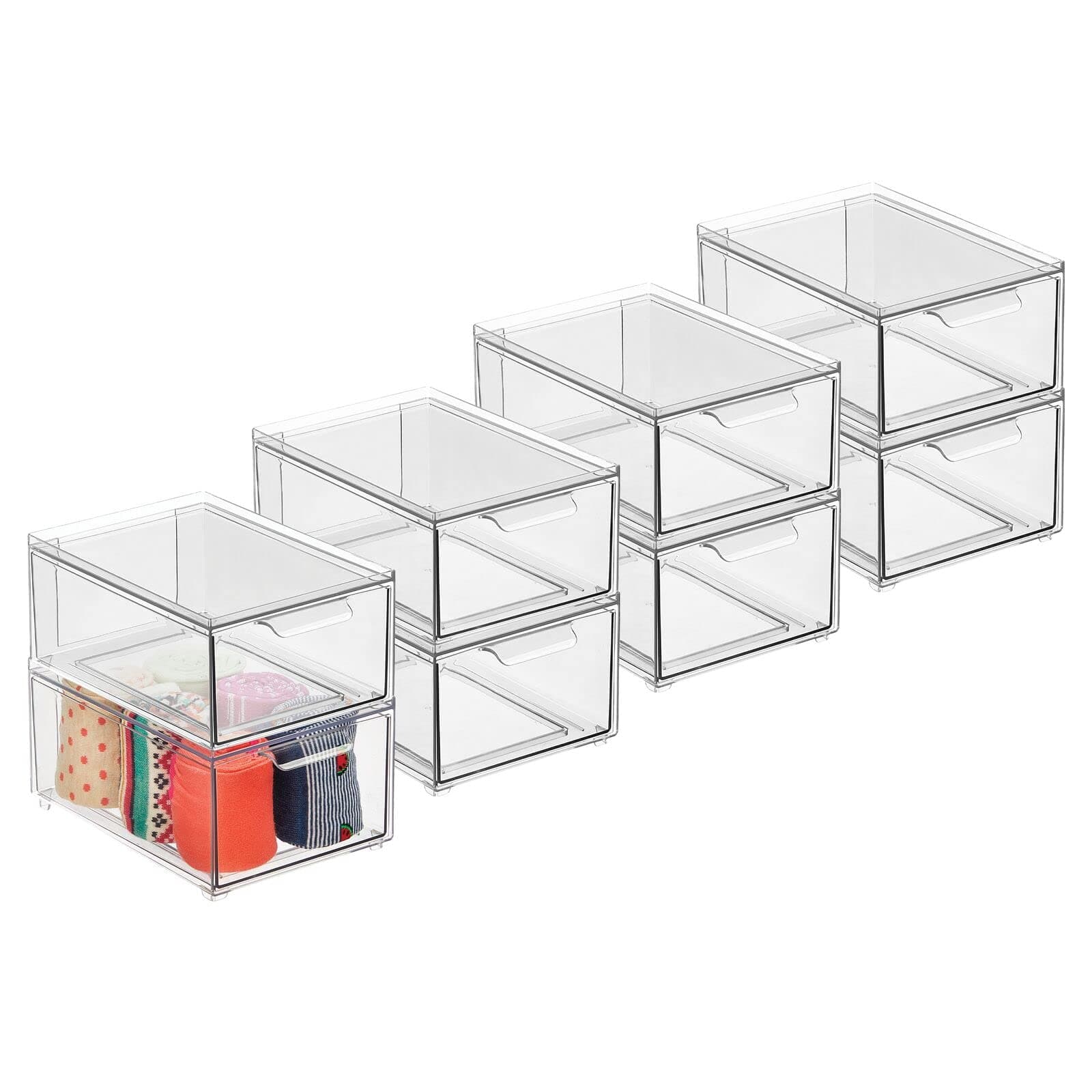 mDesignStackable Storage Containers Box with 2 Pull-Out Drawers - Stacking Plastic Drawer Bins for Closet Organization, Linen, Coat, Bedroom or Entryway Closets - Lumiere Collection - 8 Pack - Clear