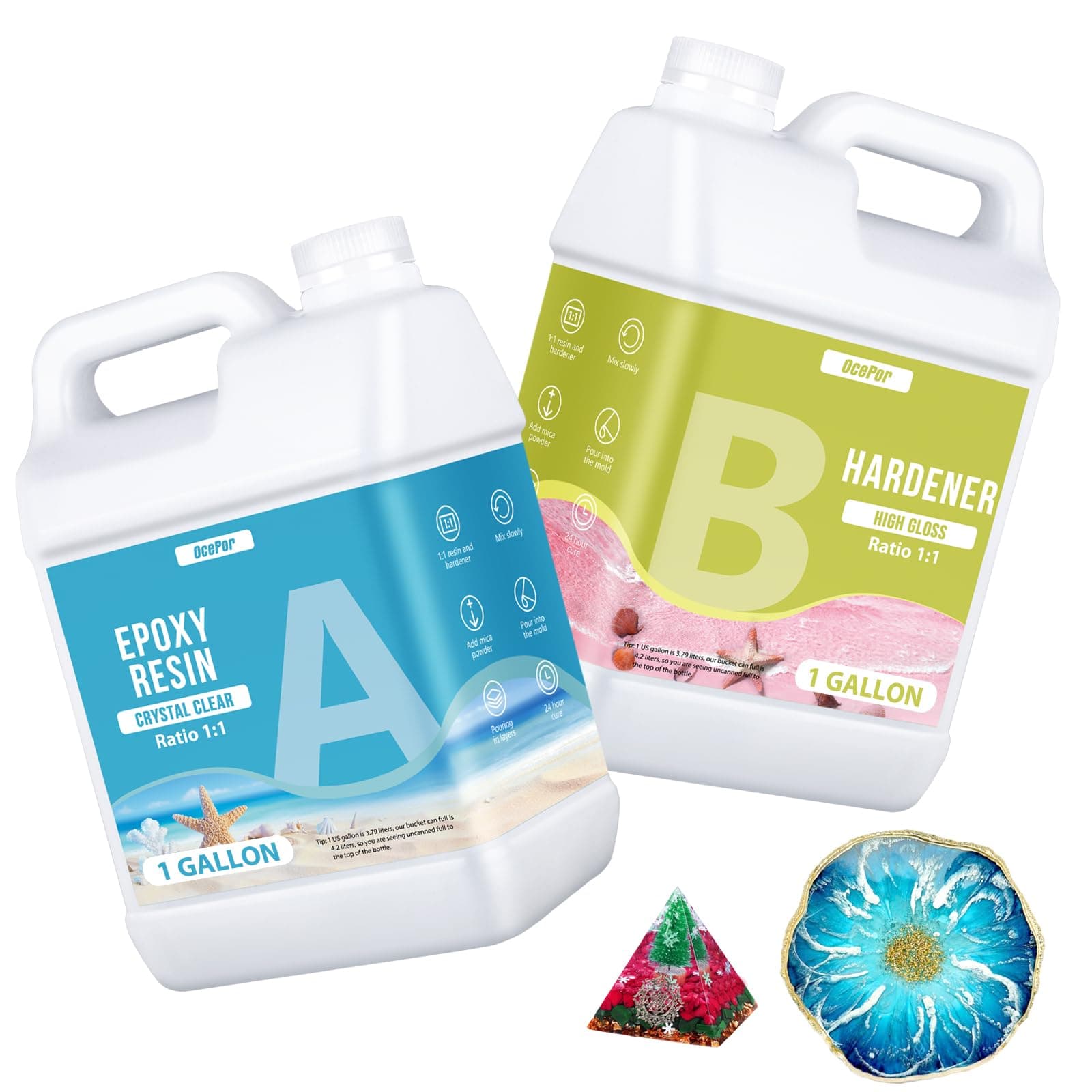 OcePor Epoxy Resin-2 Gallon, Crystal Clear Epoxy Resin Kit, No Yellowing No Bubble Art Casting for Art Crafts, Jewelry Making, Wood & Molds(1 Gallon x 2)