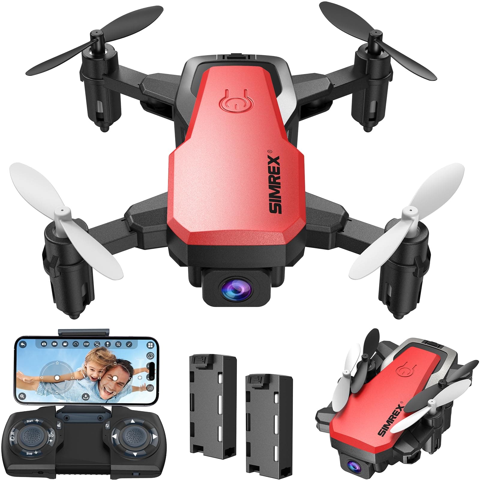 SIMREX Mini Drone With Camera 720P HD FPV, RC Quadcopter Foldable Drone, Mini Drone With Altitude Hold, 3D Flip, Headless Mode, Gravity Control and 2 Batteries, Gifts for Kids, Beginner, Red