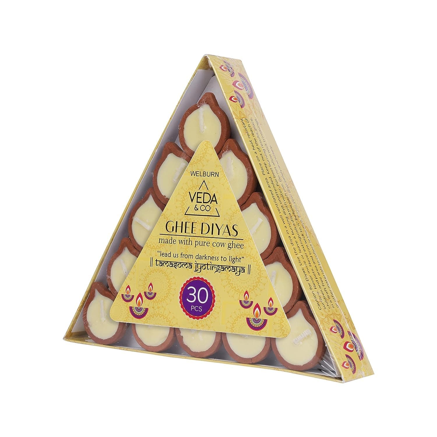 Welburn Veda&Co® Pure Cow Ghee Diya – 30 Pieces | Up to 45 Min Burn | Ghee-Filled Clay Diyas with Batti | Ready-to-Use for Daily Puja & Diwali | Premium Puja Diyas Set