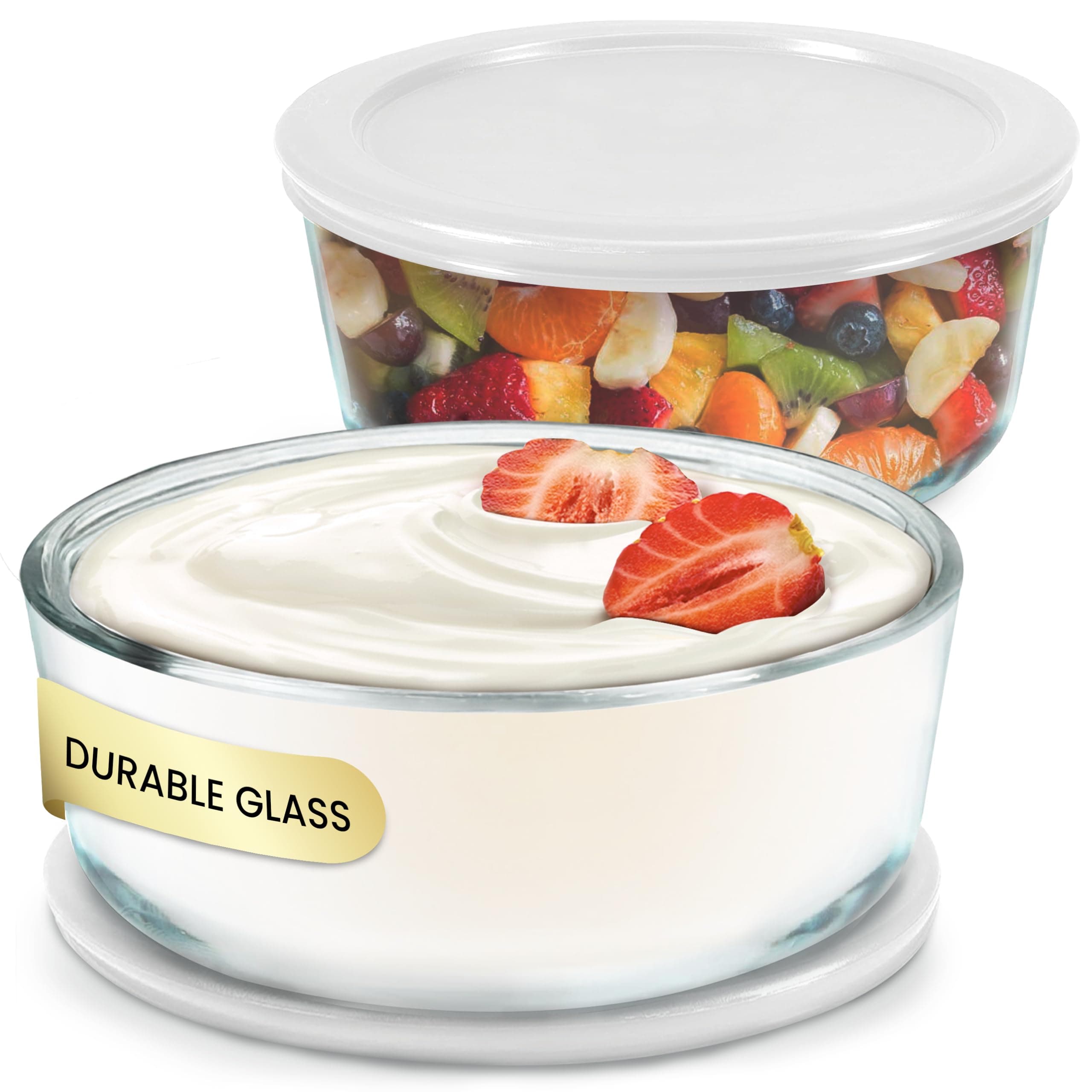 Yogurt Containers 2 Pack, Make More Yogurt with 1-Quart Glass Containers (4 Cup), 100% BPA Free, Durable & Oven Safe Round Bowl Set with Lids, Perfect for Food Storage & Meal Prep