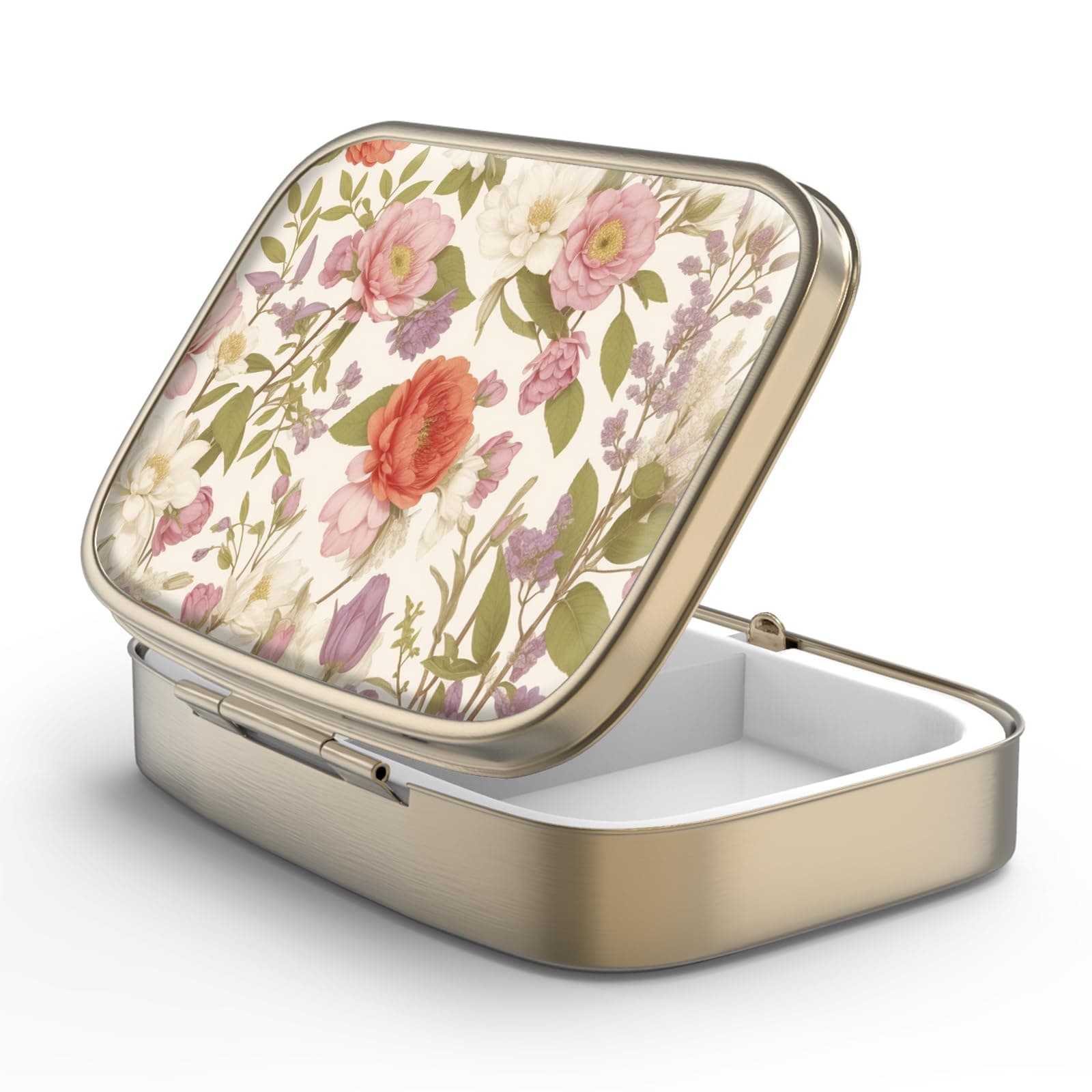 Pill Case Pill Box with Mirror Retro 2 Compartment Small Pill Case for Purse or Pocket Bronze Rectangular Pill Box or Vitamins, Fish Oil, Supplements, Pill Containe Travel Gifts（Retro Red Flowers）