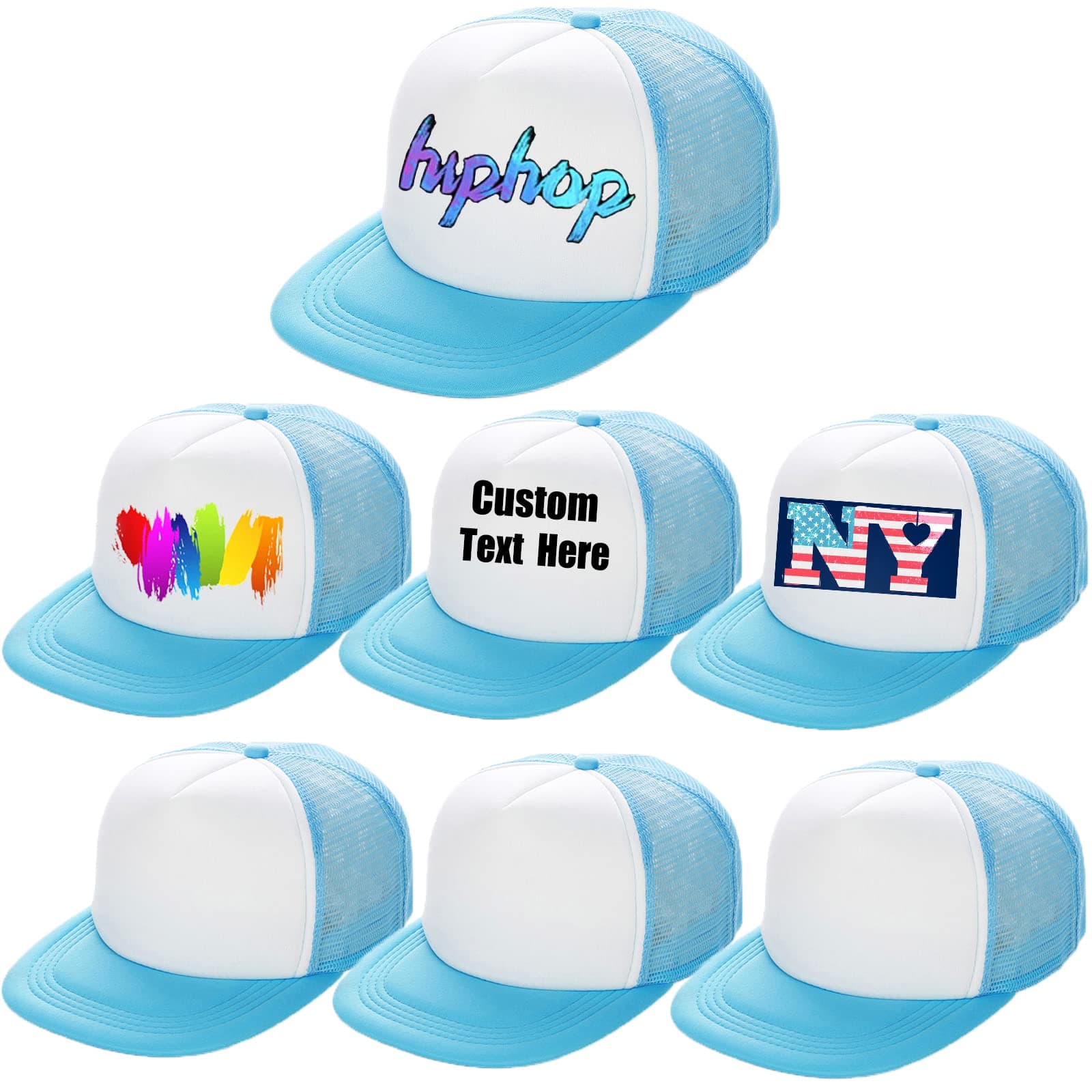 Funkeet 7 Pack Snapback Hat Blank Sublimation Flat Bill Trucker Hat Hip-Hop Mesh Back Baseball Cap for Men Women