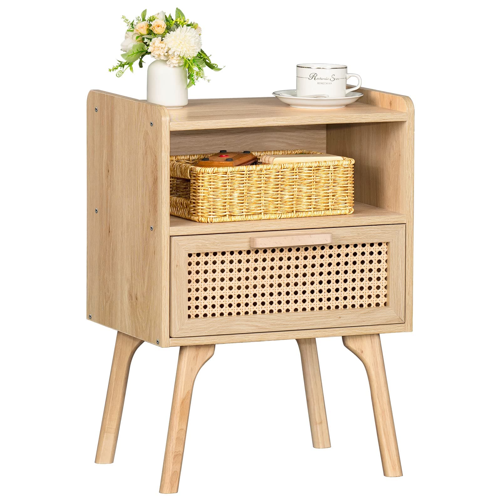 Lerliuo Rattan Nightstand, Boho Side Table with Drawer Open Shelf, Cane Accent Bedside End Table with Solid Wood Legs for Bedroom, Dorm and Small Spaces (Natural)