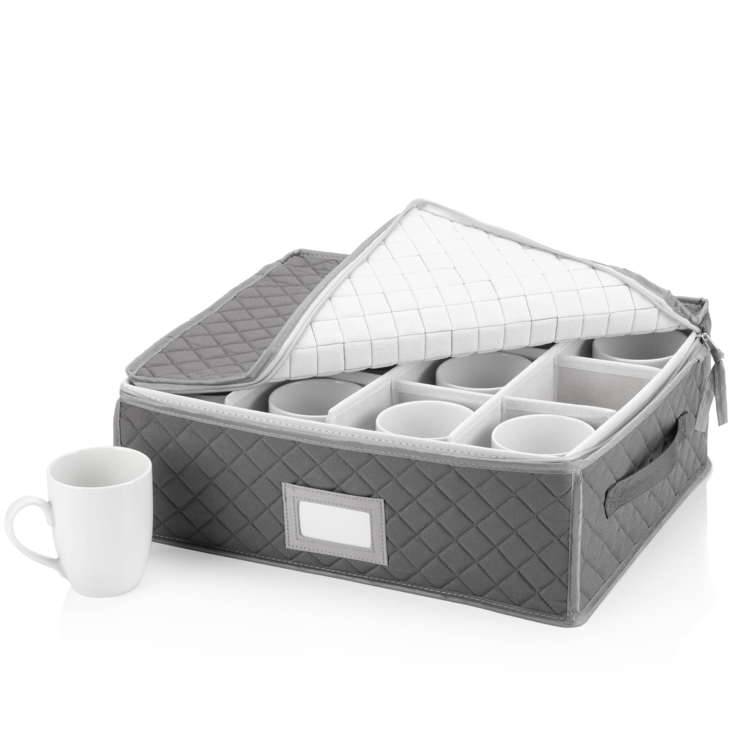 StackStorePlusMore China Cup Storage Chest - Quilted Fabric Container in Gray Measuring 16" x 13" x 6"H - Perfect Storage Case for Coffee Cups - Tea Cups - Mugs