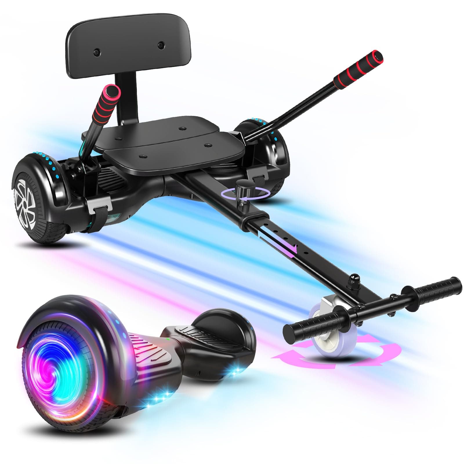 Hoverboard with Seat Attachment,with Adjustable Frame Length Hoverboards for Kids Boys Girls,Black Set