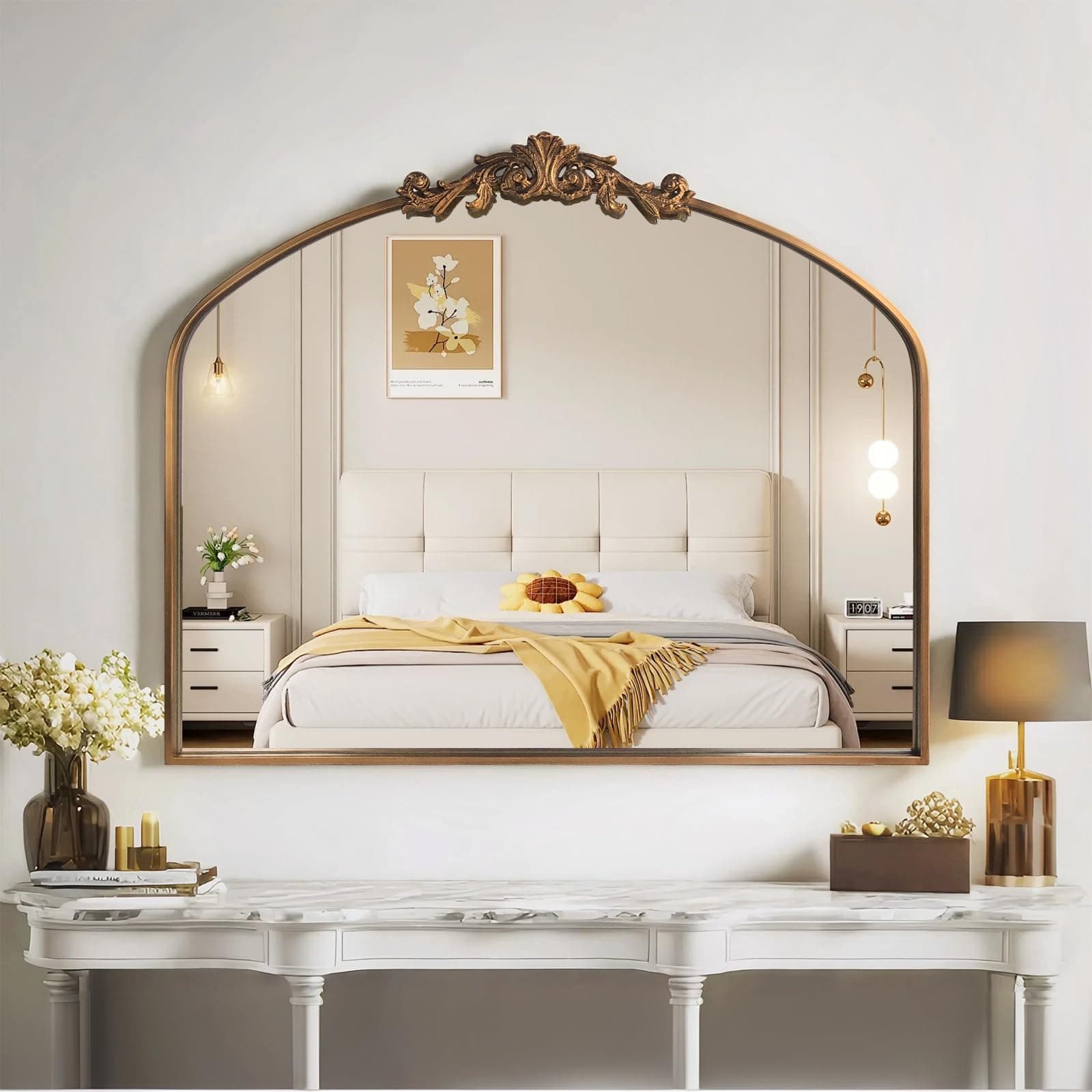 Gold Wall Mirror, Large Arched Vintage Baroque Ornate Mirrors, Traditional Decorative Antique Brass Mirror for Entryway, Living Room, Bedroom, Bathroom Vanity, Fireplace Mantel(Gold,29"x36")