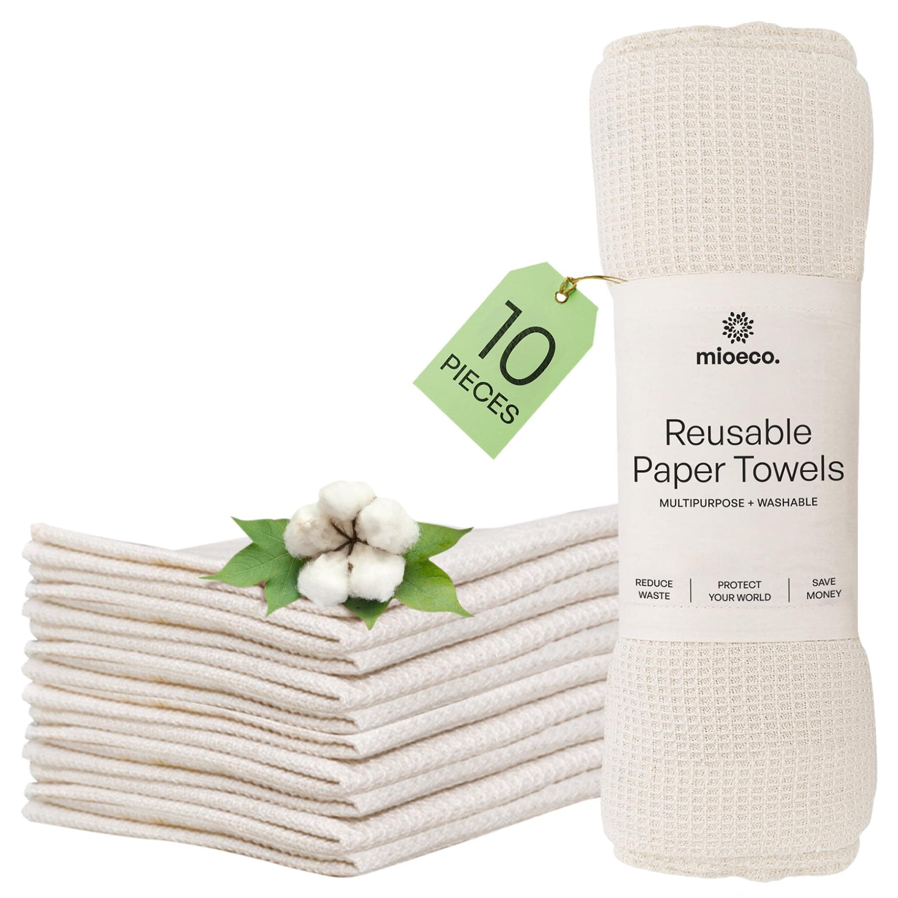 mioeco 10 Pack Reusable Kitchen Paper Towels Washable - Super Absorbent Natural unPaper Towels - Natural Cotton - Reusable, Paperless Kitchen Dish Cloths - 100% Organic