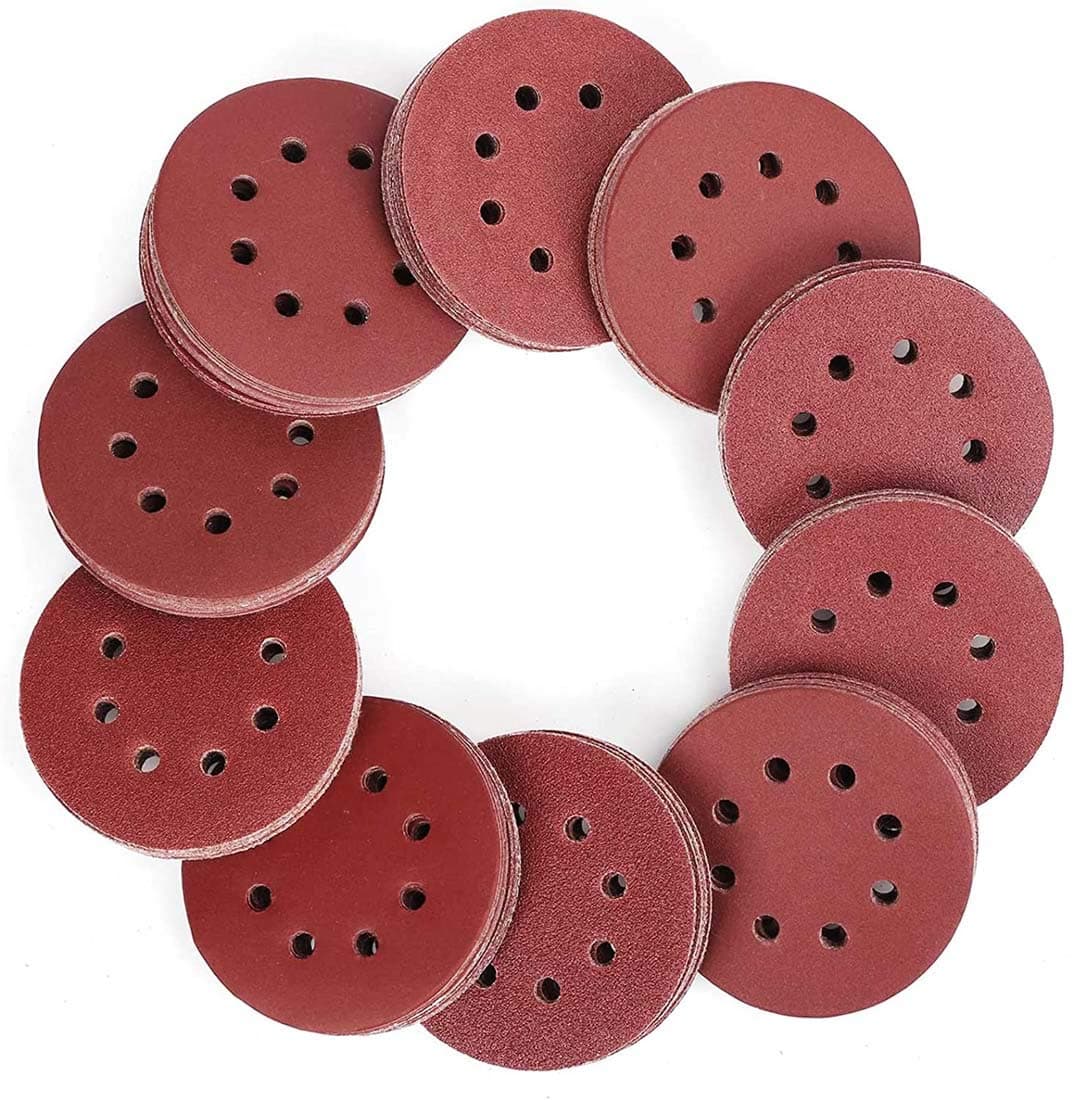 DELFINO Sanding Discs Pads, Hook and Loop Sandpaper Assortment 40 60 80 100 120 150 180 240 320 400 Mixed Grits 125mm Sandpaper Sheet for Random Orbital Sander, 8-Holes Sanding Disc Pads