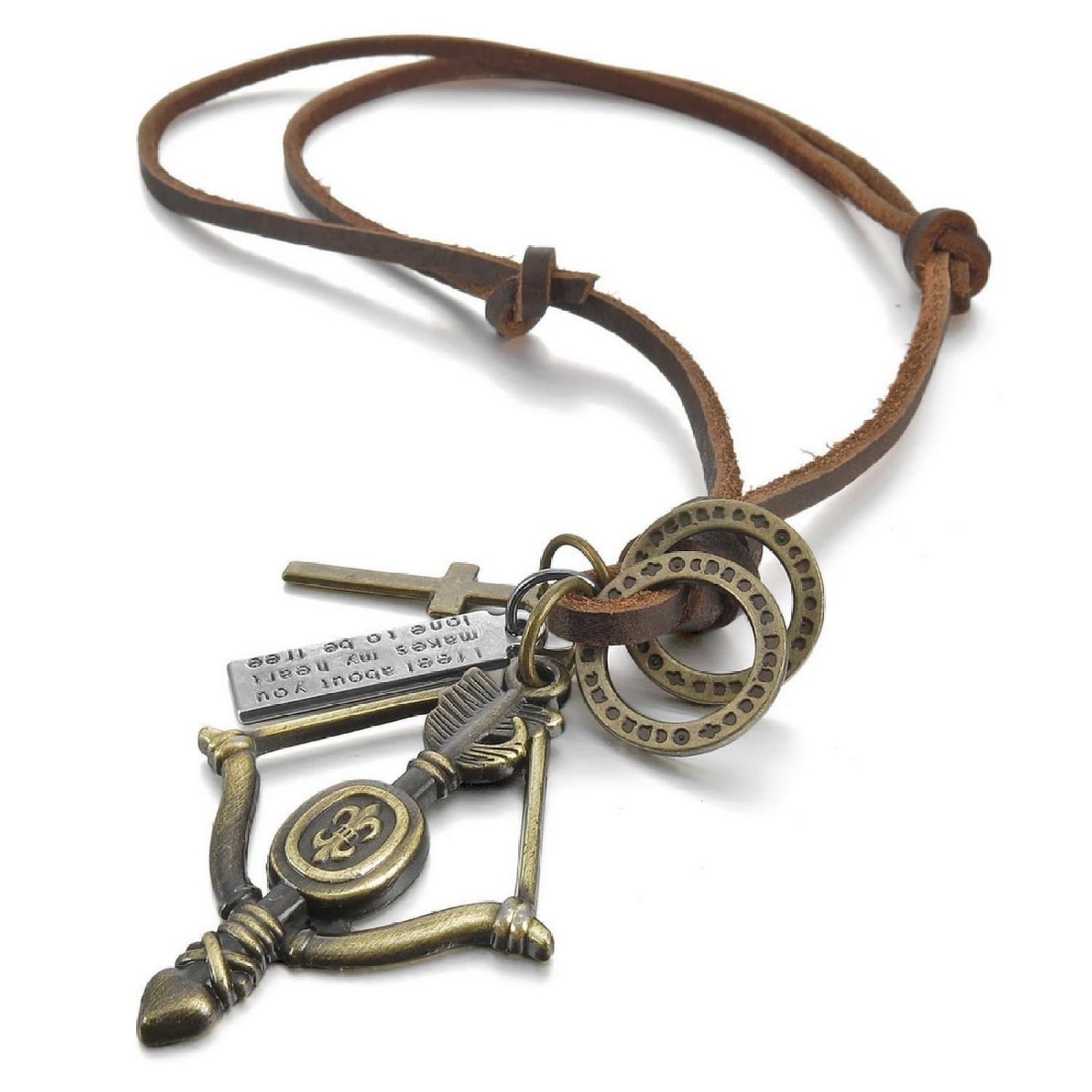 Kalendone Retro Fleur De Lis Pattern Bow and Arrow Cross Multi Charm Necklace with Genuine Leather,Bow Arrow Necklace for Women,Men
