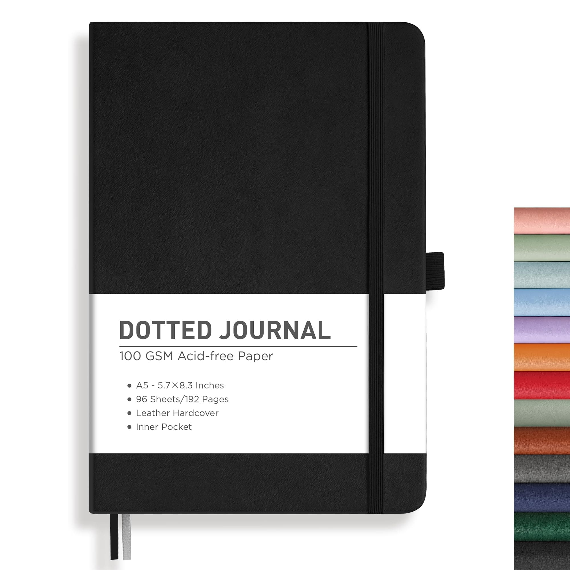 RETTACY Dotted Journal Notebook, 192 Pages, A5 Medium Size (5.7'' x 8.3''), Leather Hardcover, 100 GSM Thick Paper, for Journaling, Planning, Tracking (Black)