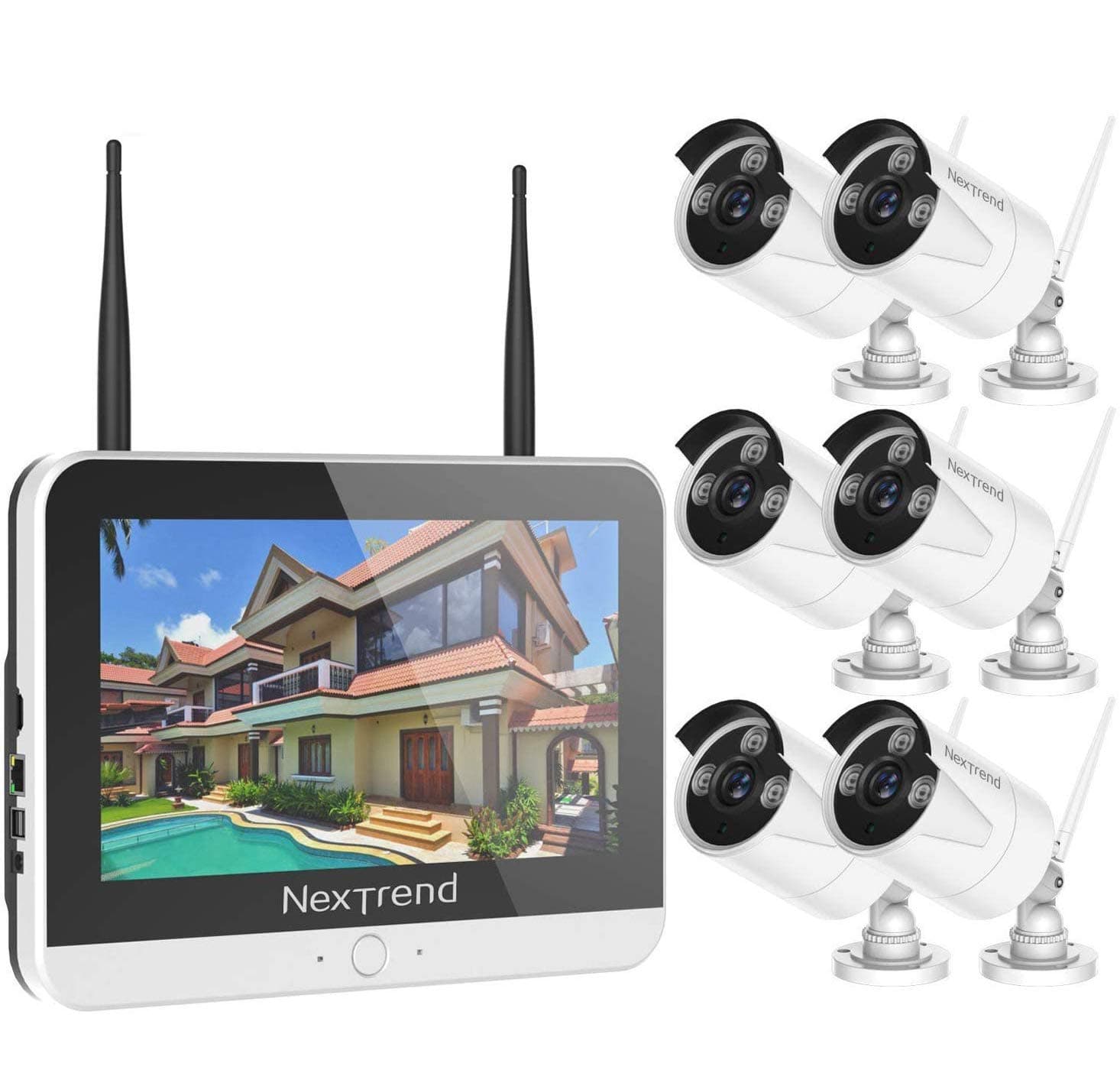 [2019 Newest] Home Security Camera System, NexTrend 8CH Wireless Camera with 12 Inch 1080P Monitor, 6 Security Camera System with 1TB Hard Drive, Plug Play System Easy Remote View No Monthly Fee