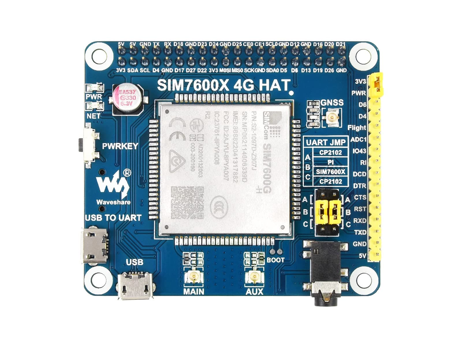 Waveshare 4G/3G/2G/GSM/GPRS/GNSS HAT, Compatible with Raspberry Pi 5/4B/3B/Zero/Zero W/Zero 2W/Pico/Pico W/Pico WH, LTE Cat-4 4G / 3G / 2G Support, GNSS Positioning, Global Band