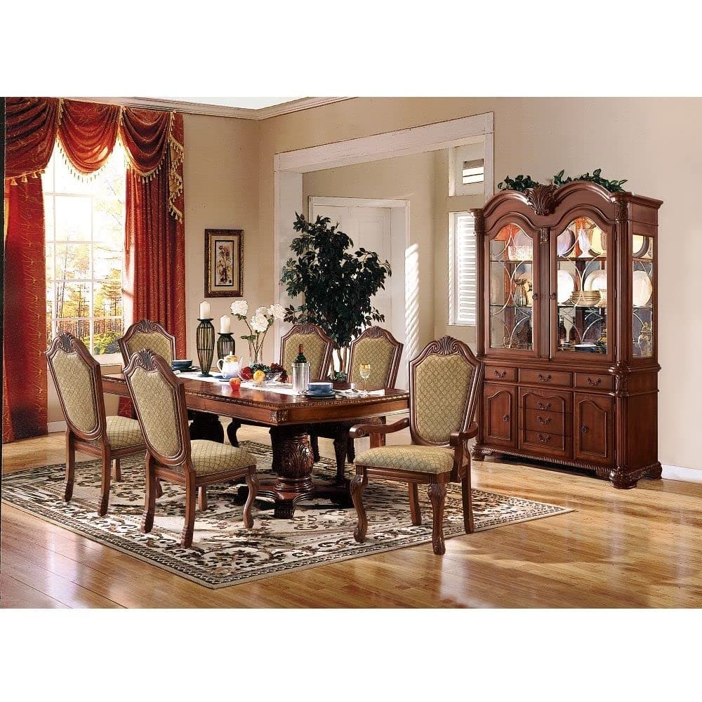 Traditional 7-Piece Dining Room Set with Dining Extendable Table, 4 Side Chairs and 2 Arm Chairs, Set for 6 Persons (Cherry&Fabric)