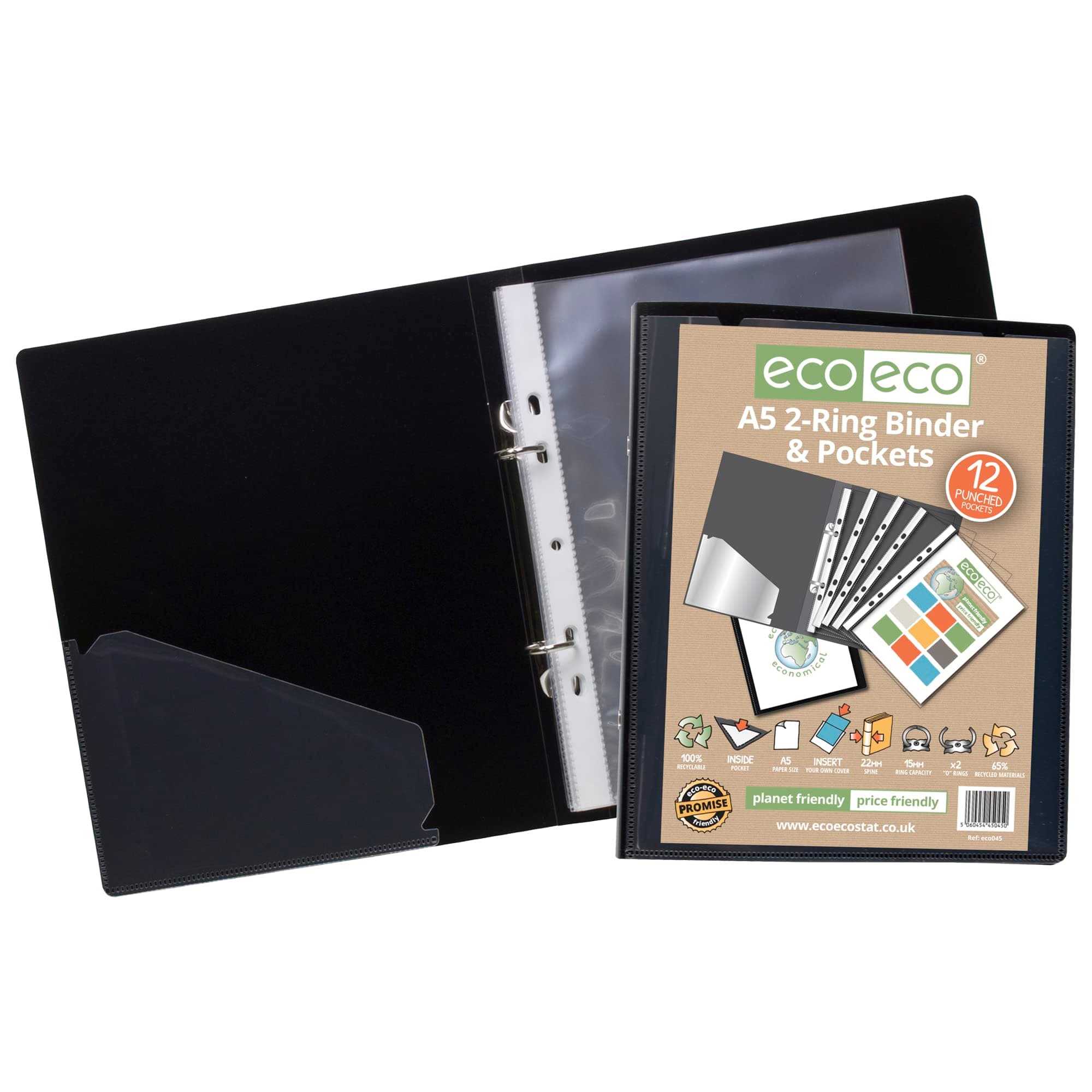 eco-eco A5 65% Recycled Presentation Ring Binder with 12 Multi Punched Pockets Black eco045