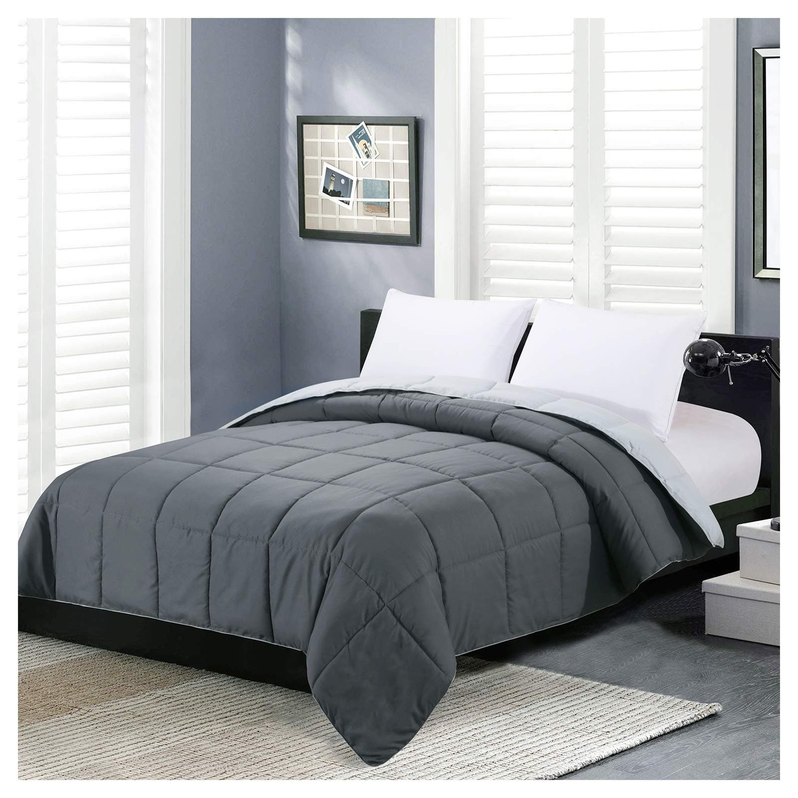 - Homelike Moment Comforters Queen Size - Grey Duvet Insert Down Alternative Bed Queen Comforter, Lightweight Bedding Comforters Full Size Quilted Soft All Season Reversible Dark Gray/Light Grey