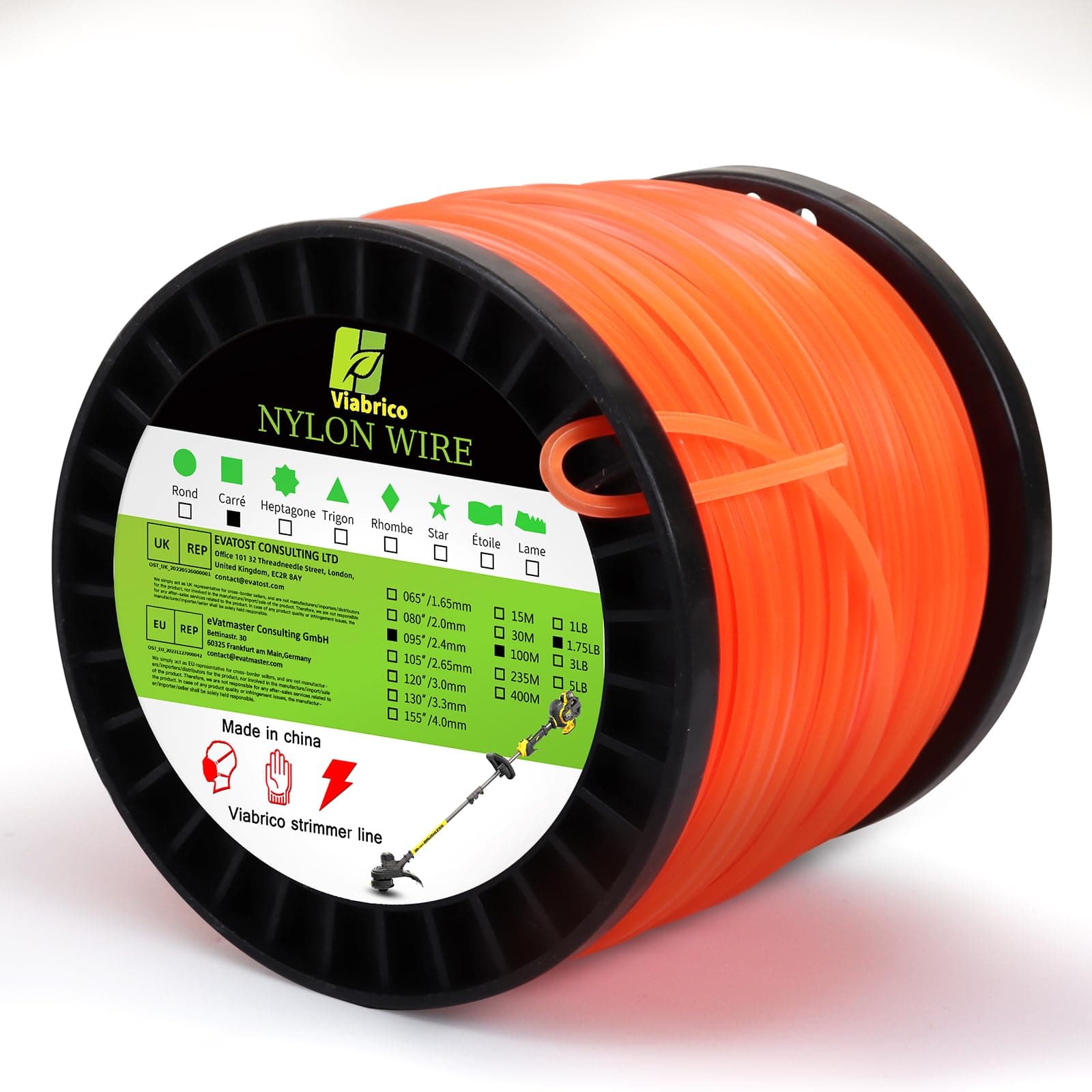String Strimmer Line Heavy Duty 2.4mm, strimmer Wire for Petrol strimmer, 2.4mm-100M-1.7lb-Spool