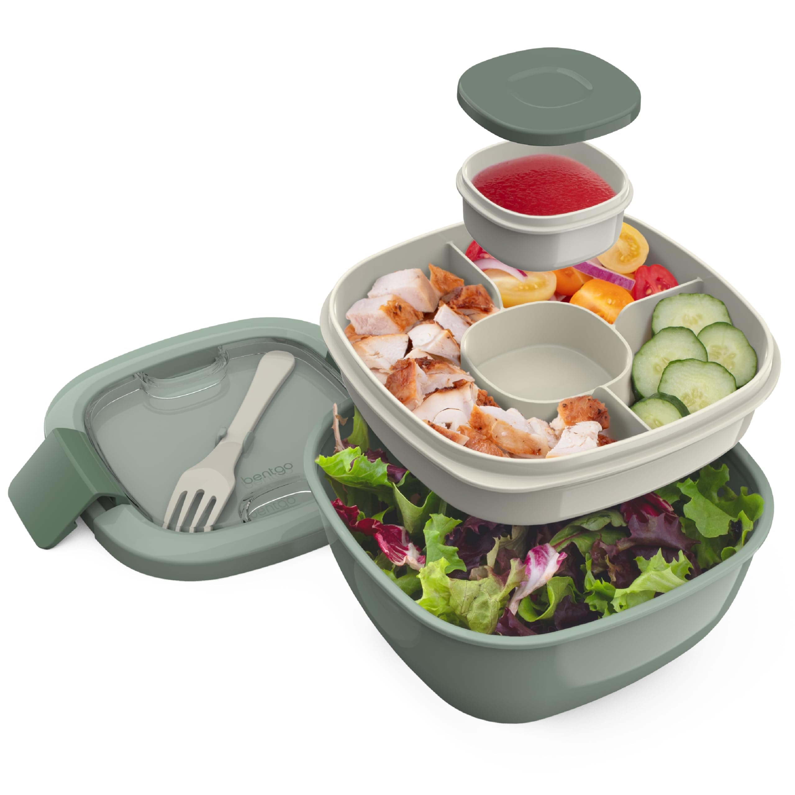 Bentgo® Salad - Stackable Lunch Container with Large 54-oz Salad Bowl, 4-Compartment Bento-Style Tray for Toppings, 3-oz Sauce Container for Dressings, Built-In Reusable Fork & BPA-Free (Khaki Green)