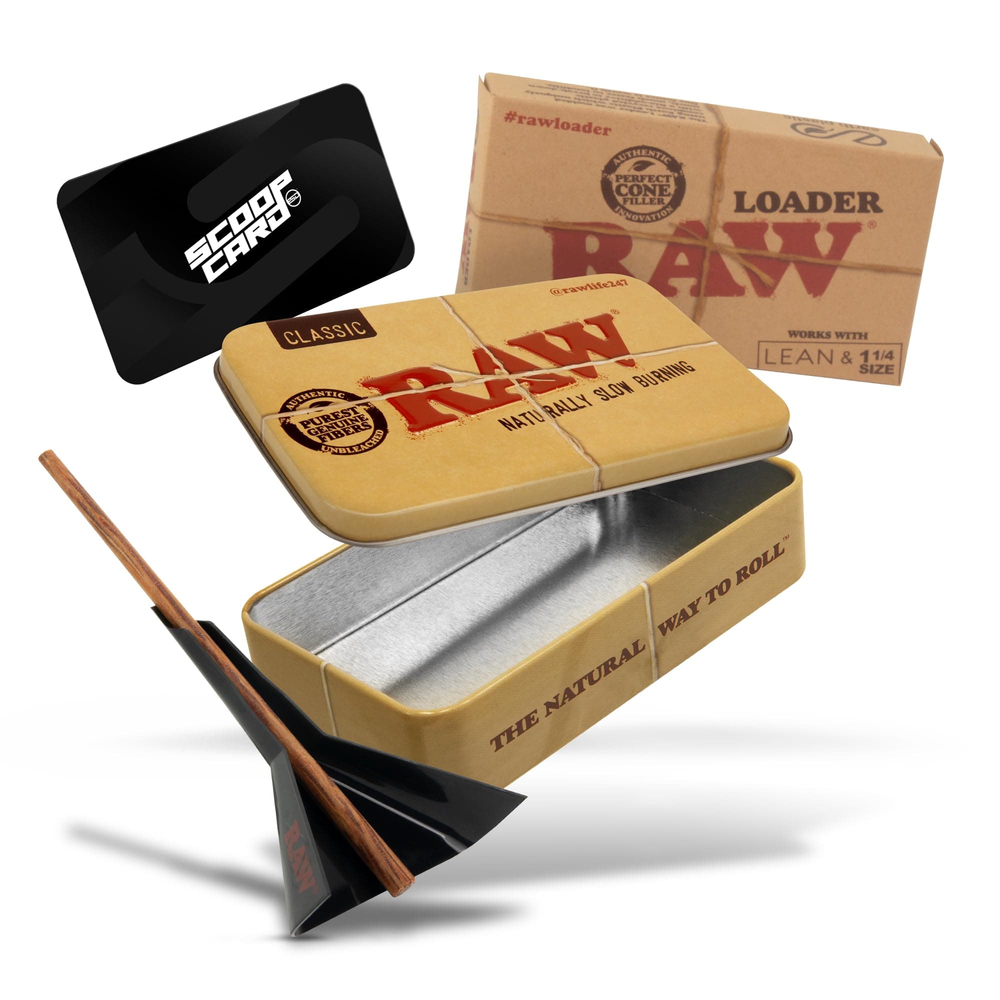 RAW Cone Loader for 1-1/4 and Lean Sized Cones + RAW Classic Tan Metal Tin Box| Bundle - Kit