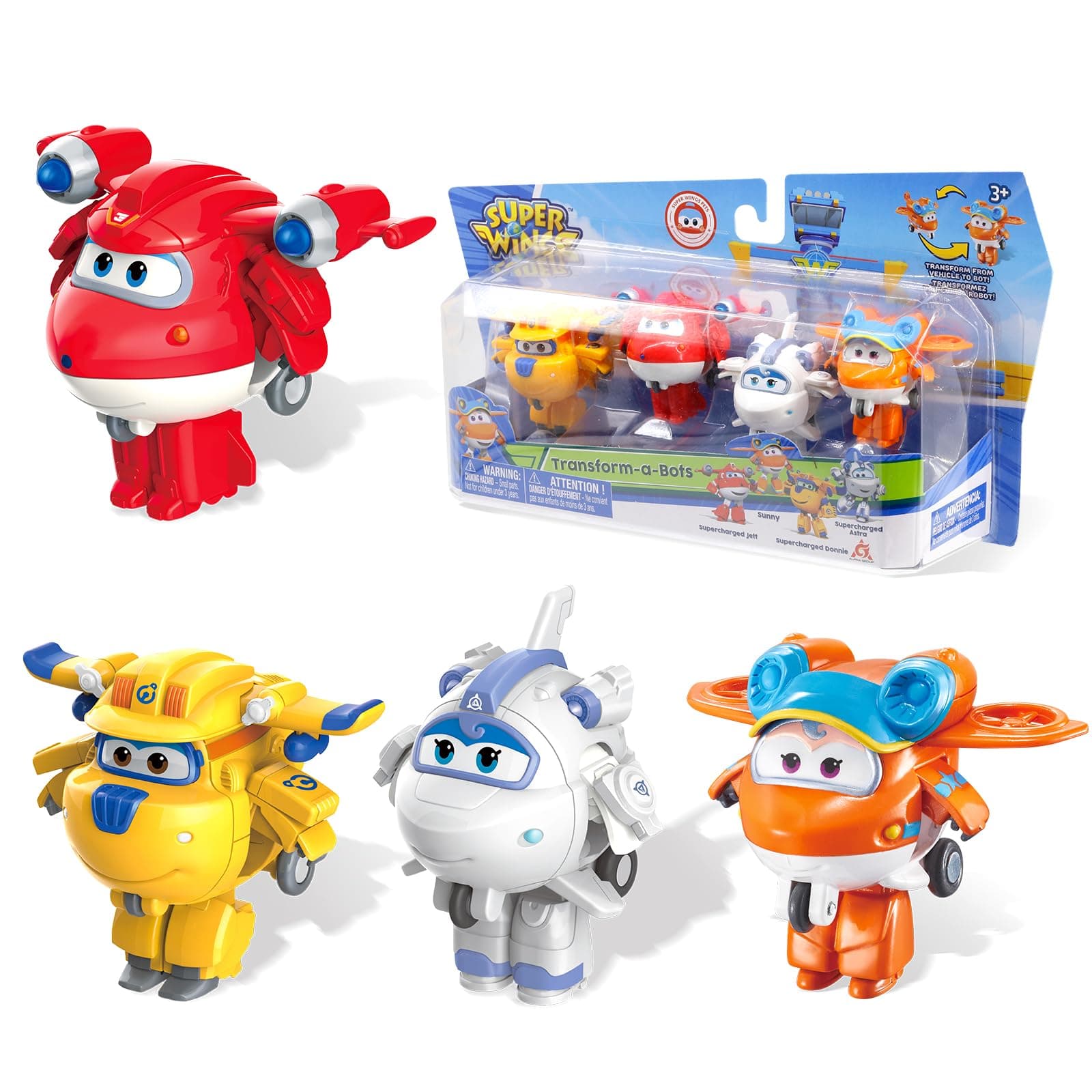 Super Wings - 2" Transform-a-Bots 4-Pack Supercharged Jett, Donnie, Astra, Sunny Airplane Toys Vehicle Mini Figures | Fun Preschool Toy Planes for 3 4 5 Year Old Boys and Girls