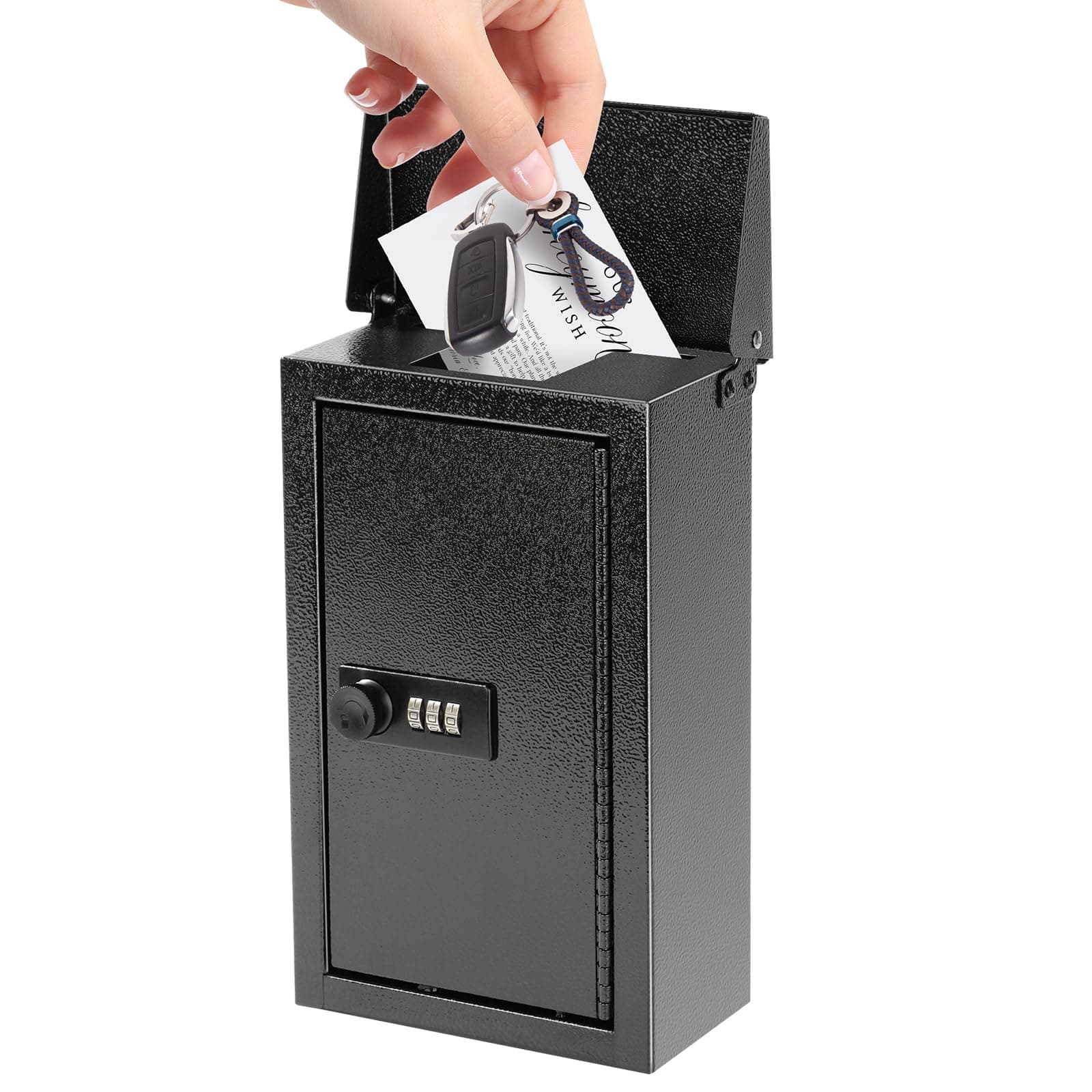 xydled Wall-Mounted Key Drop Box with Combination Lock, Metal Mailbox, Indoor&Outdoor Storage Box, Hanging Secured Postbox, for Home & Business Use, 5.5X 3.0X 9.8 inch, Black