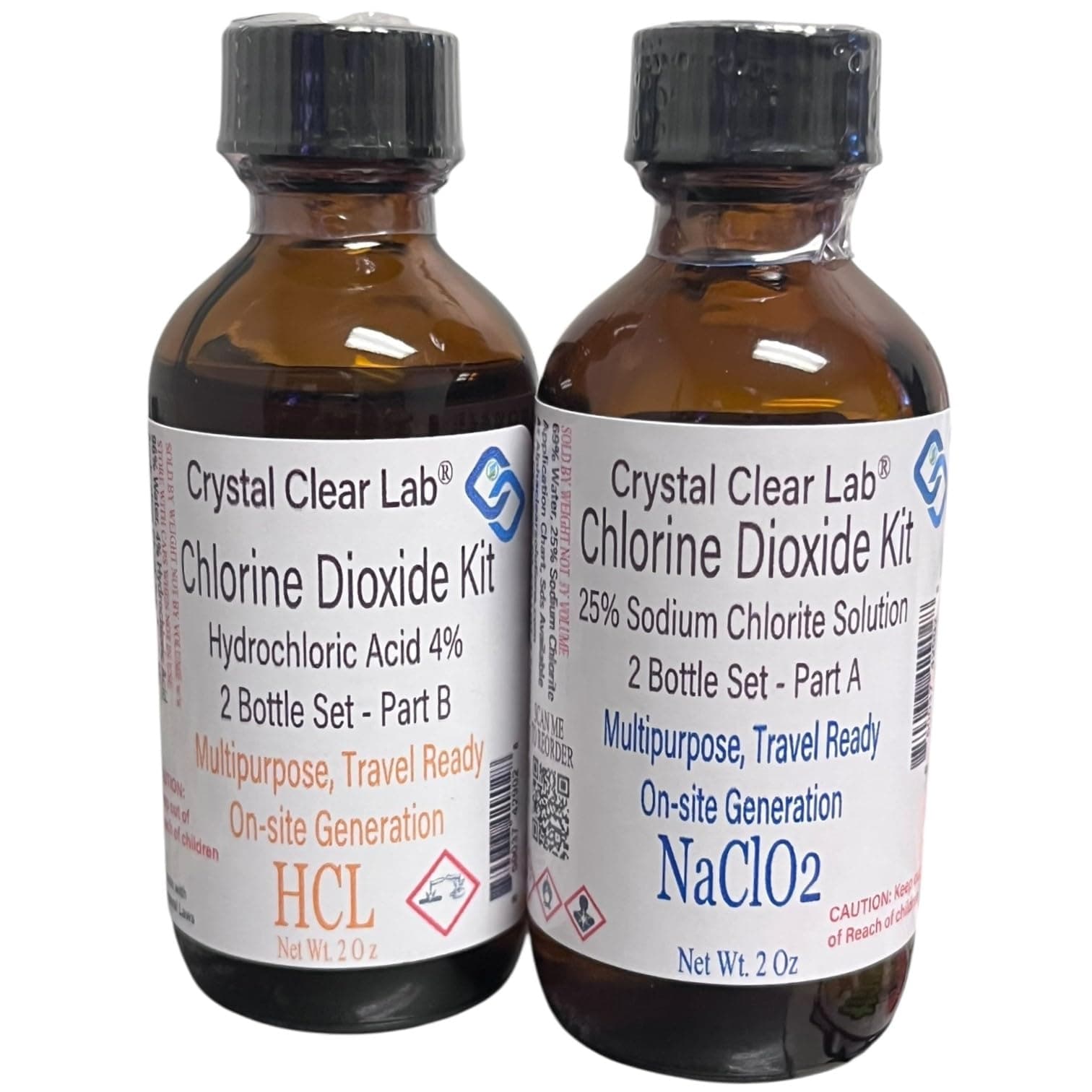 Crystal Clear Lab Chlorine Dioxide Kit - 4oz HCL Solution, Precision-Drop, (2 Bottles)