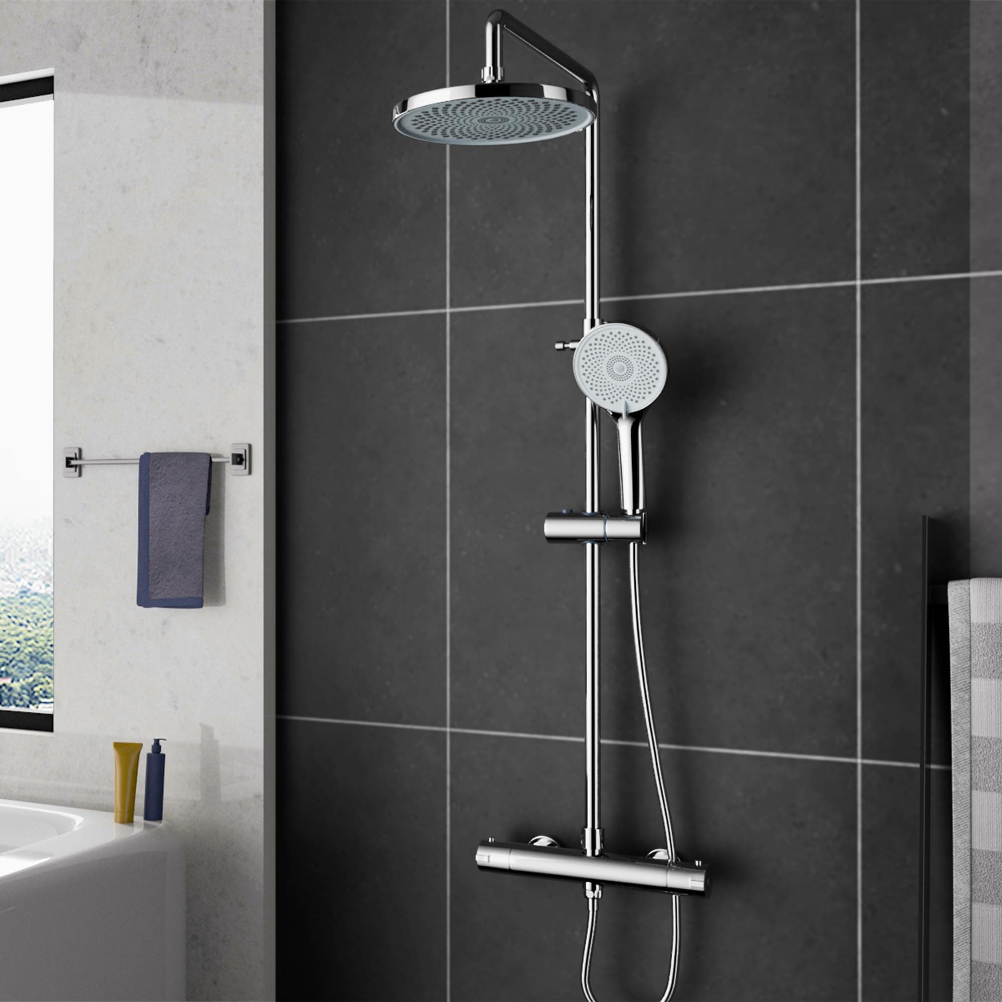 Thermostatic Shower Mixer Set,Thermostatic Mixer Tap,Adjustable Height Rainfall Spray and Multifunctional Handheld Shower Unit Included,Shower Riser Rail Set,Chrome,Round Shape