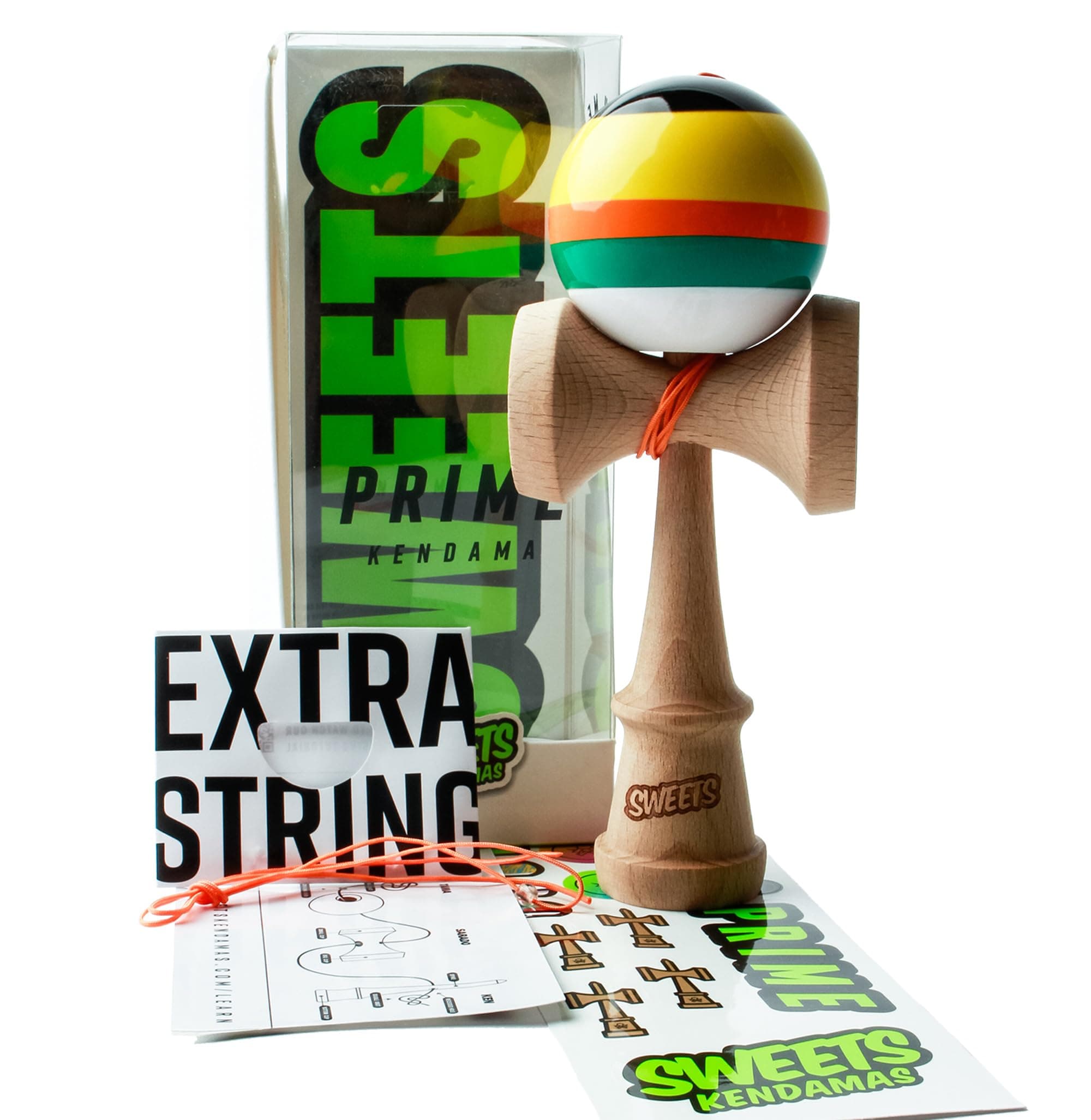 5-Stripe Boost Kendama - Improves Hand Eye Coordination, Reflexes, All Levels, Stripe Design, Extra String Accessory Bundle (Poncho)