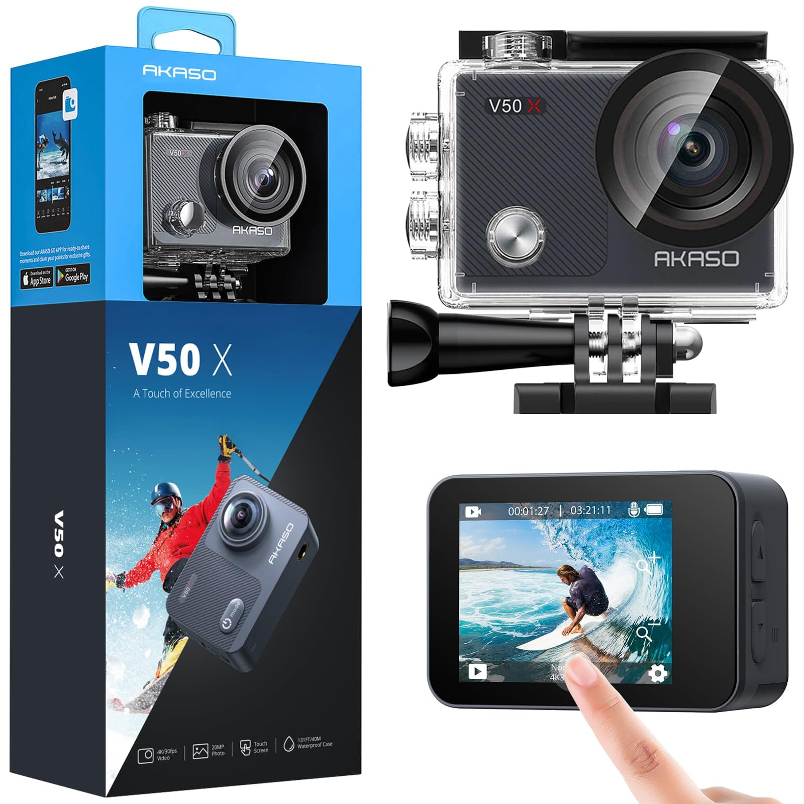 V50X Native 4K30fps WiFi Action Camera with EIS Touch Screen 4X Zoom 131 feet Waterproof Camera Support External Mic Remote Control with Helmet Accessories (Without 64GB MicroSD Card)