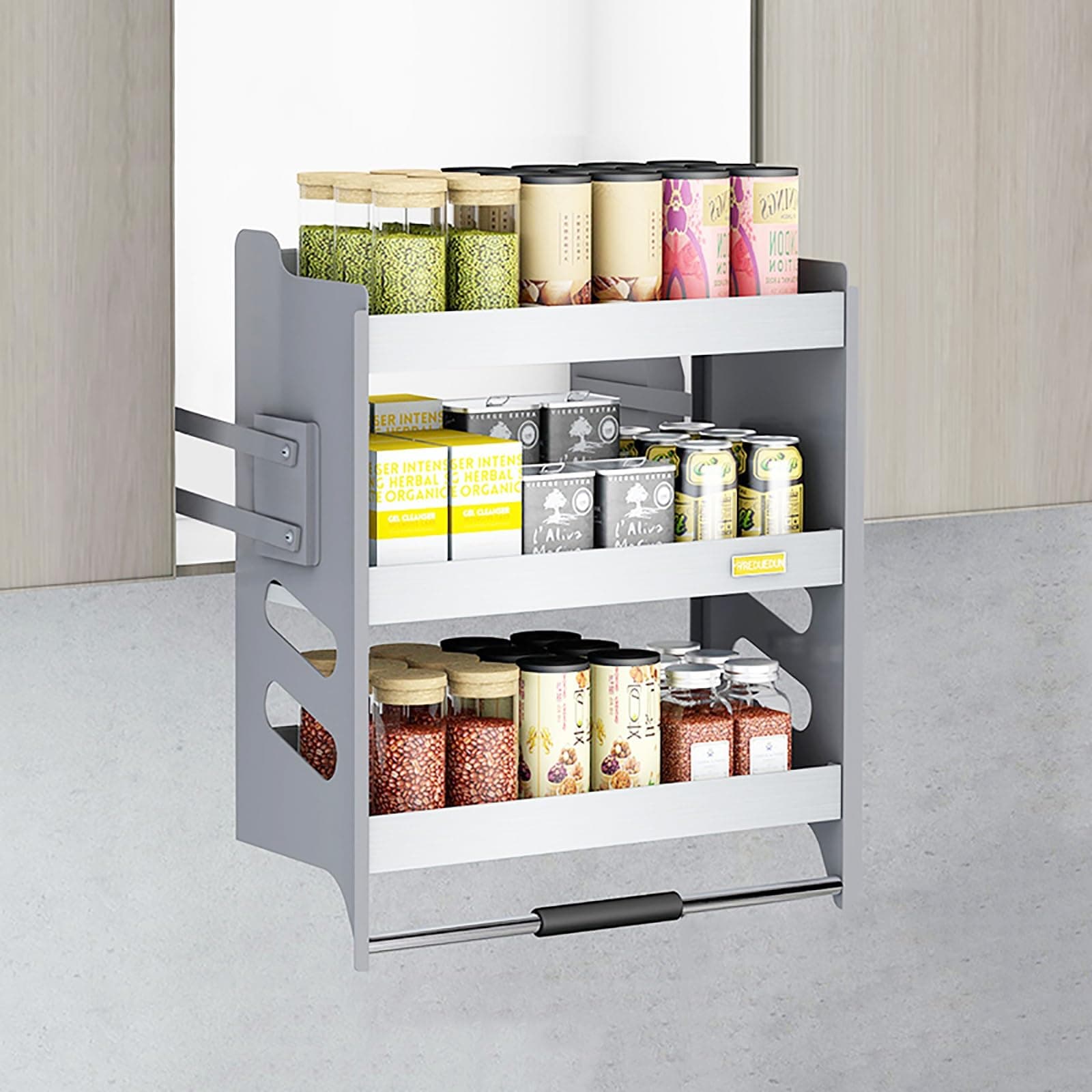 3-Tier Kitchen Cabinet Pull Down Shelf, Heavy-Duty Shelf Lifting Basket for Upper Kitchen Wall Cabinet, Metal Dish and Spice Rack System Lift Upper Cabinet