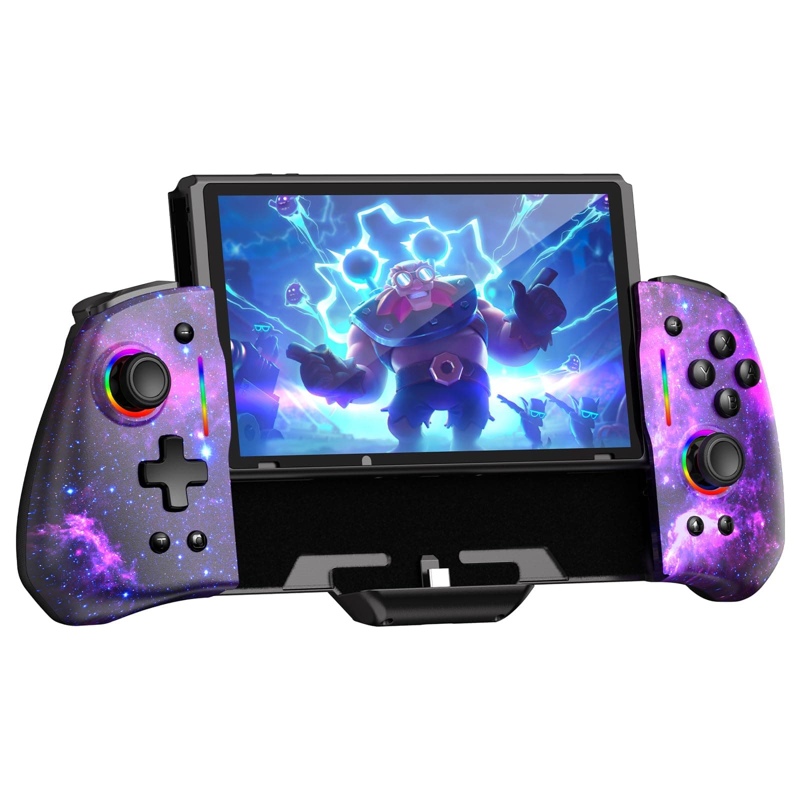 Hall Effect Gripcon (No Drift, No Deadzone) with Hall Sensing Joystick for Switch/Switch OLED, Adjustable RGB Light, 6-Axis Gyro, Turbo, Mapping (Cosmic Nebula)