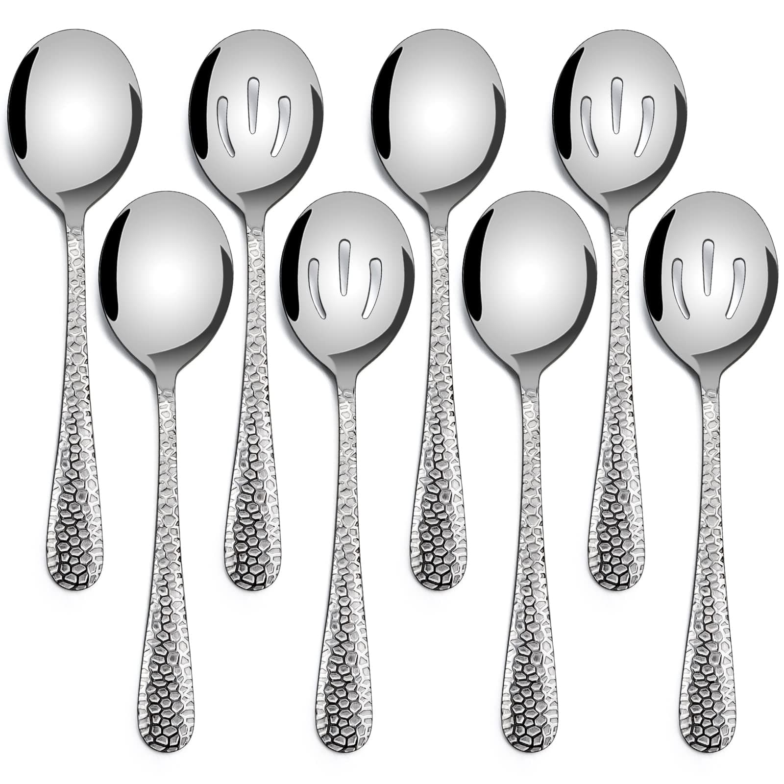 Hammered Serving Spoons, E-far 8-Piece Metal Serving Utensils Set - Solid Spoon x 4, Slotted Spoon x 4, Stainless Steel Hostess Tablespoons Set Serve for Catering Buffet Party Kitchen Restaurant