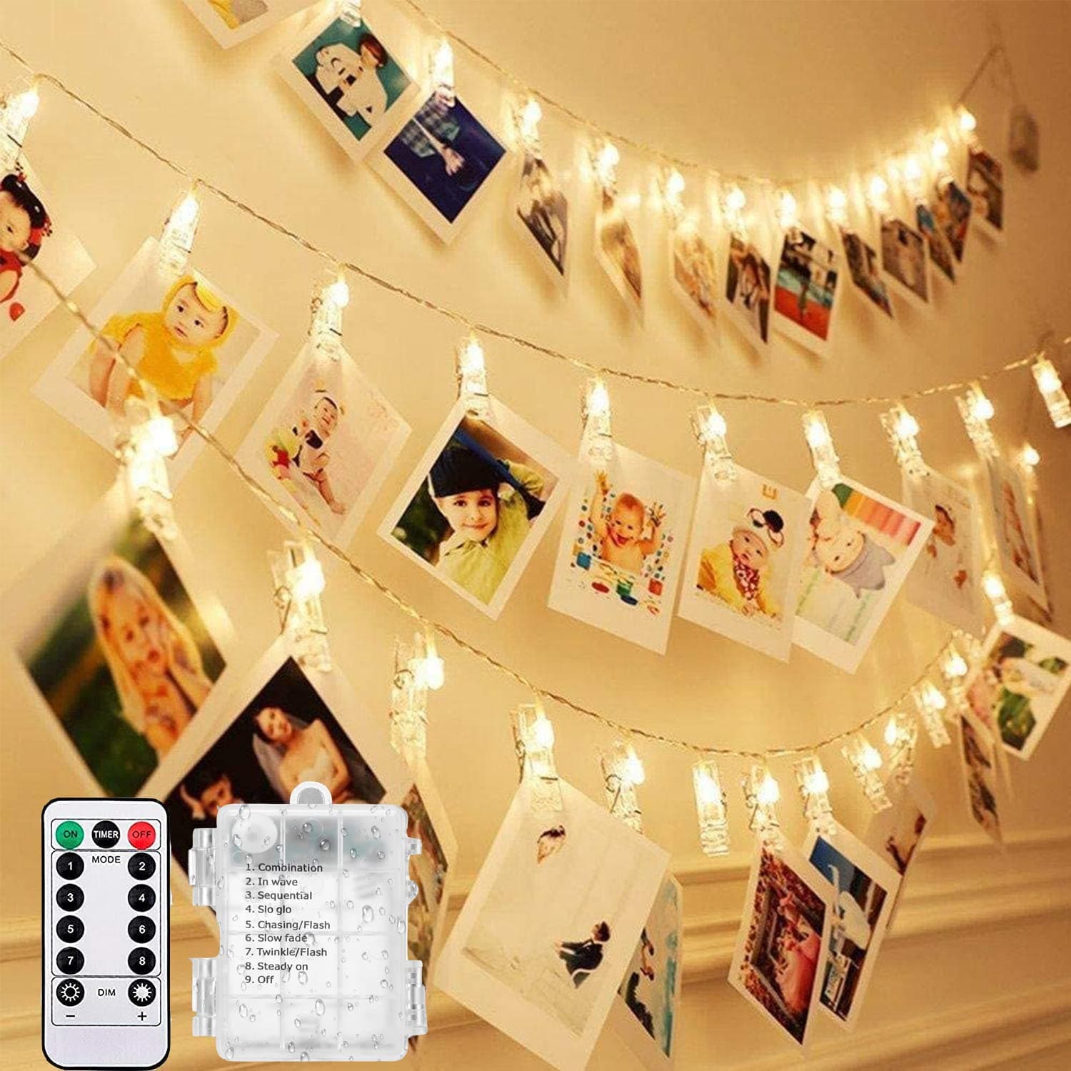 Dimmable 50 Led Photo Clip String Lights with Remote Timer, 8 Modes Fairy Lights with Clips for Pictures, Warm White Home Party Christmas Decorative Light for Hanging Photo Display Stands