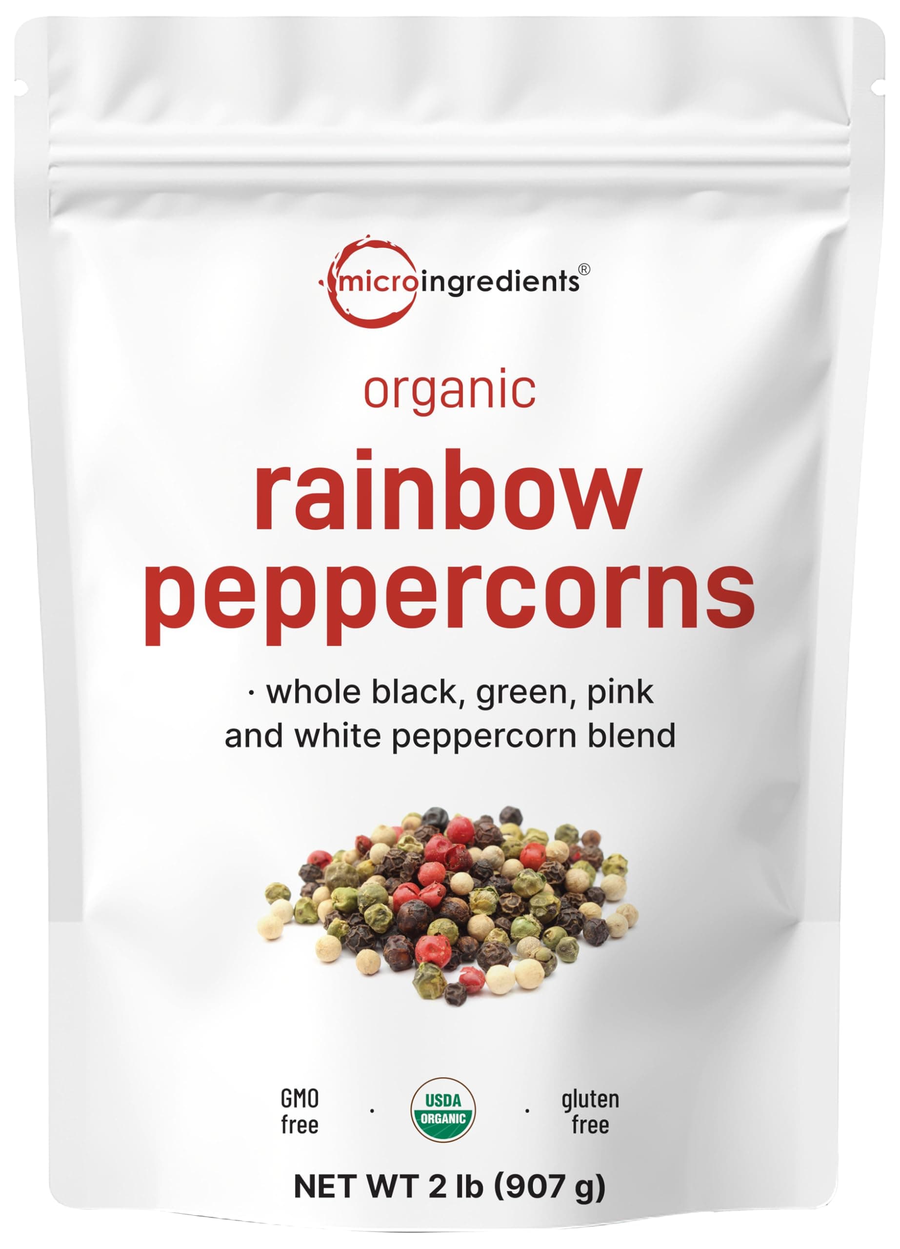 Micro Ingredients Organic Whole Rainbow Peppercorns, 2lbs | Premium Whole Peppercorns for Grinder Refill | Great for Seasonings, Meats & Vegetables | Additive Free, Non-GMO, Bulk Supply