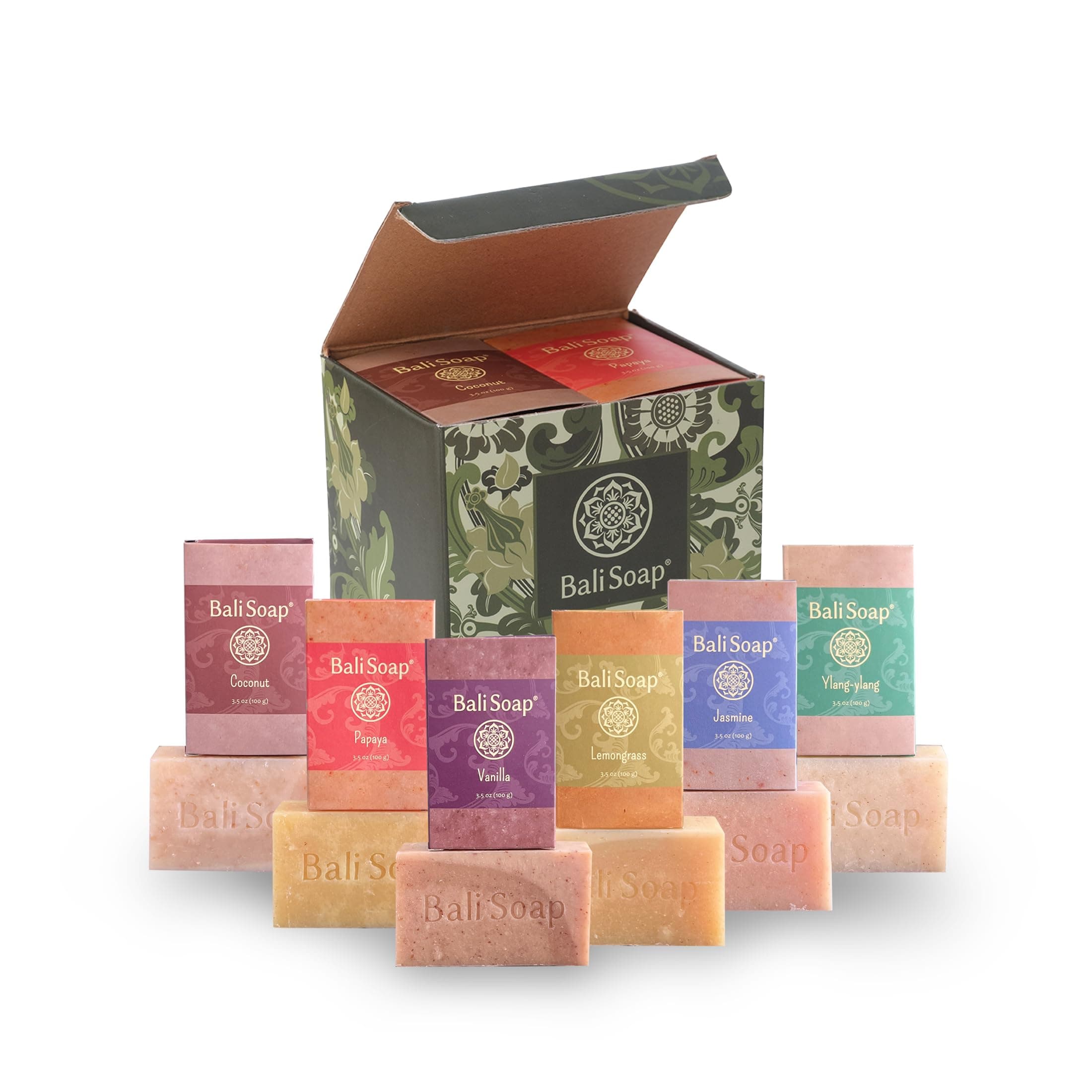 Natural Soap Gift Set - 6 Pack (3.5 oz Each) Handmade Spa Bars, Moisturizing Aromatherapy for Face & Body (Coconut, Papaya, Vanilla, Lemongrass, Jasmine, Ylang Ylang)