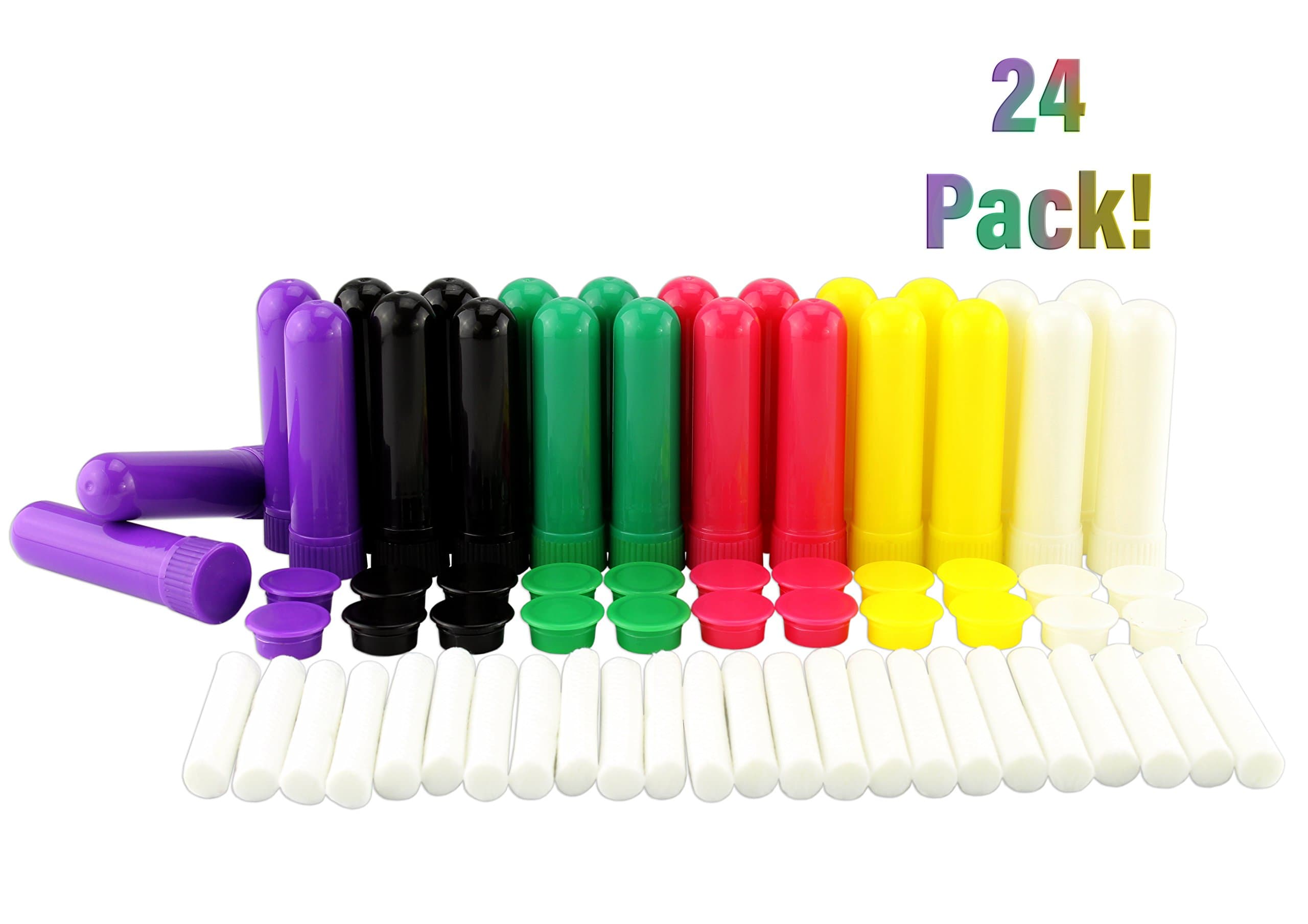 Cornucopia Essential Oil Aromatherapy Empty Nasal Inhaler Tubes (24-Pack, Assorted Colors); Colored Plastic Tubes w/ Wicks