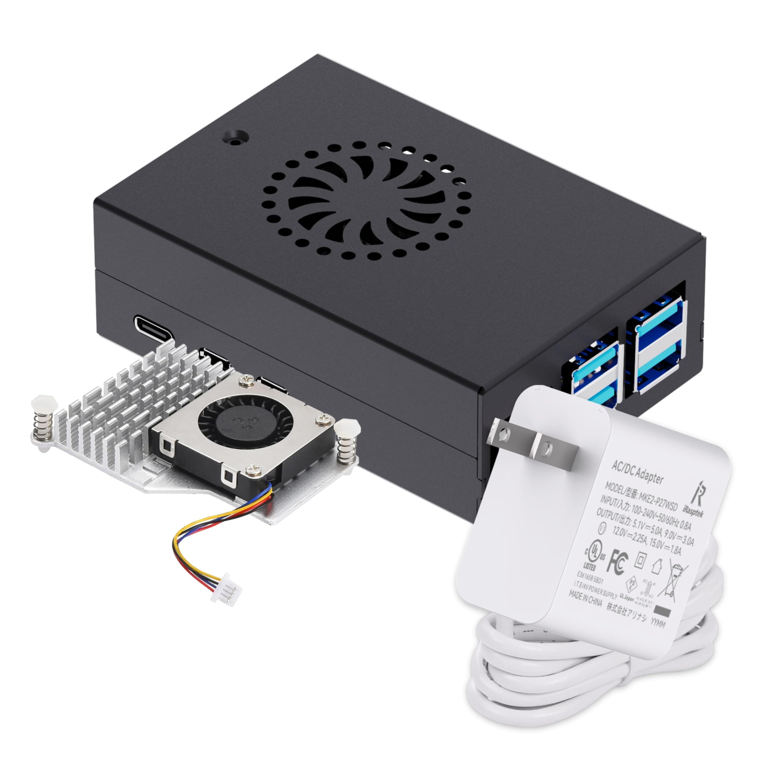 Accessory Kit for Raspberry Pi 5 —— Metal Case with Active Cooler and 27W USB C Power Supply for Raspberry Pi 5 (Pi 5 Board not Included)