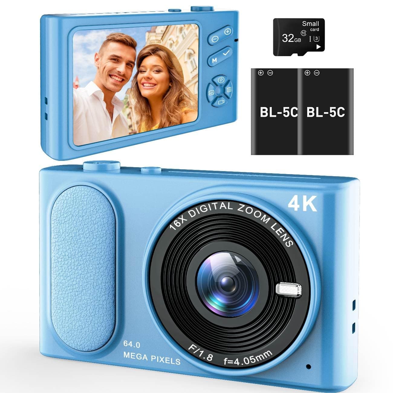 4K UHD Digital Camera - 64MP Autofocus Vlogging Camera with 16X Zoom, Compact Point and Shoot with Anti-Shake, Small Travel Camera for Adult Beginners Teens, 32GB Card, 2 Batteries (Blue)