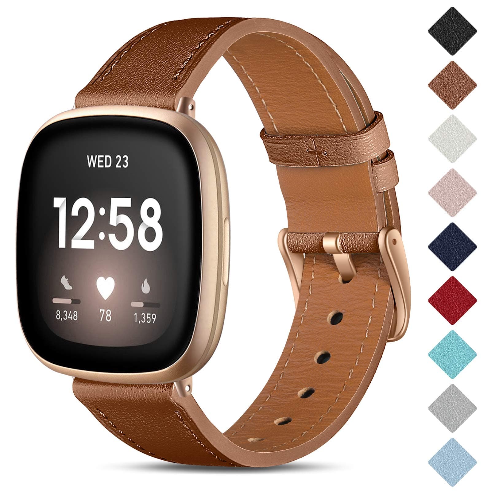 CeMiKa Leather Strap Compatible with Fitbit Sense/Fitbit Versa 3 Strap, Genuine Leather Straps Replacement Wristband Compatible with Fitbit Versa 3/Fitbit Sense/Fitbit Versa 4 Strap for Women Men
