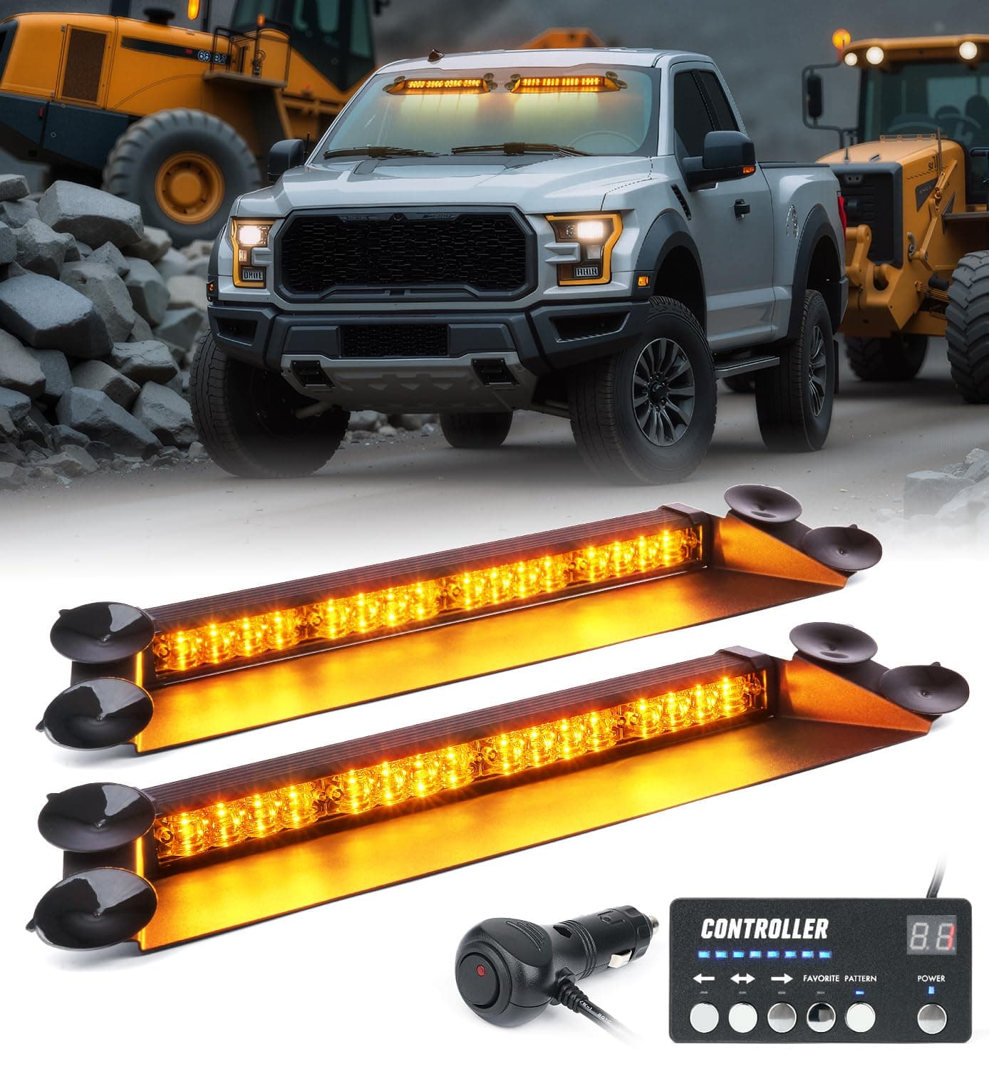 LUMENIX LED Emergency Dash Strobe Lights Bar w/Controller Windshield Visor Safety Warning Traffic Caution Lightbar Deck Split Flashing Light for Construction Vehicles Work Trucks Pickup - Amber