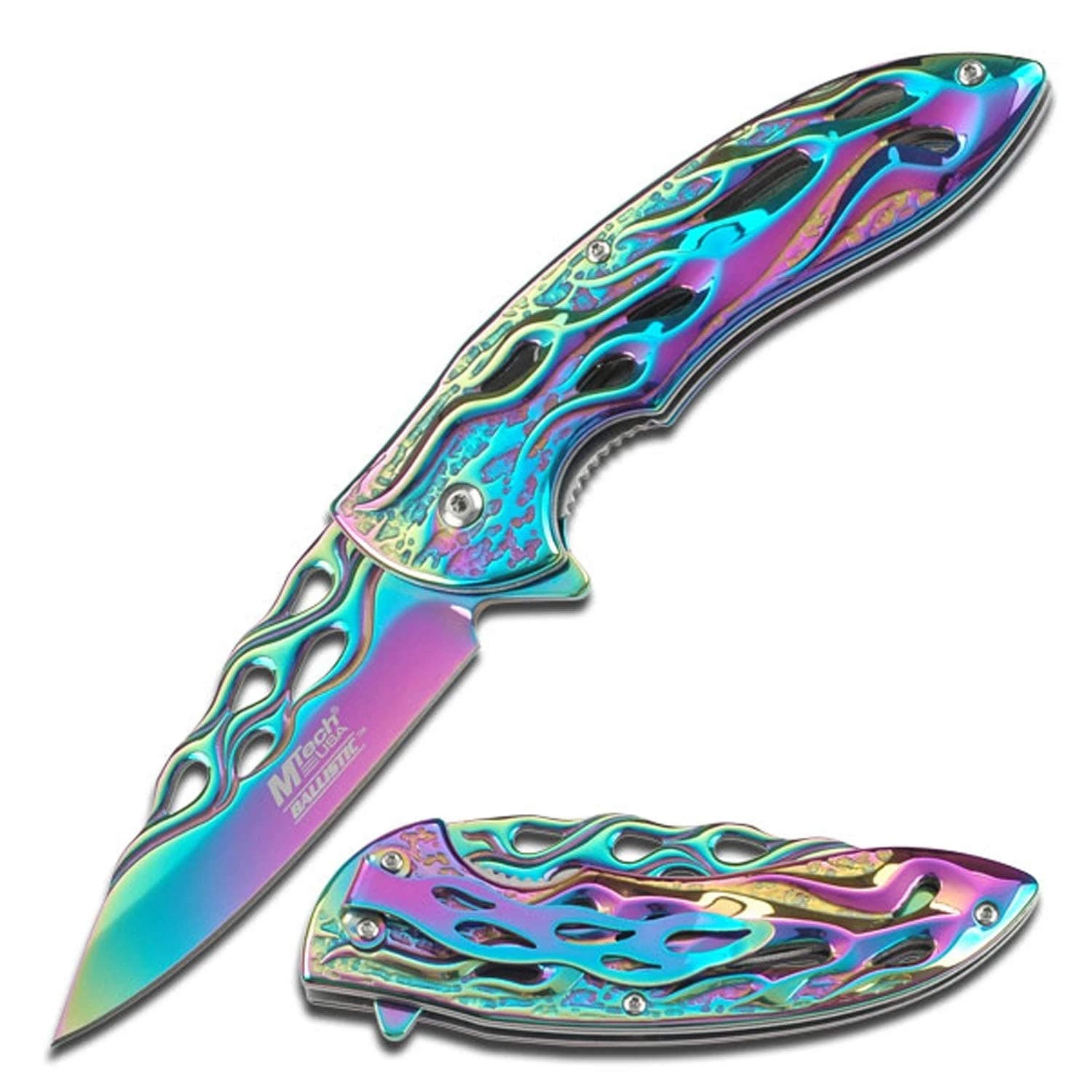 kim eshop MTECH Ballistic Rainbow Skeletonized Flame Blade Spring Assisted Opening Knife!!