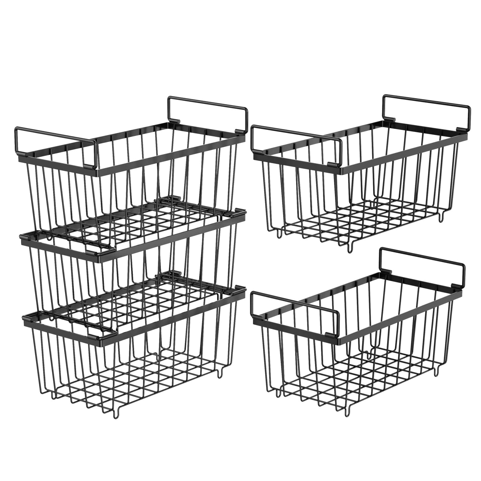 iSPECLE Freezer Sstorage Baskets - 5 Pack Stackable Storage Bins for 7 Cu.FT Deep Freezer Sort Frozen Foods Chest Freezer Organiser Wire Bsakets with Handles Easy to Remove and Add Extra Space, Black