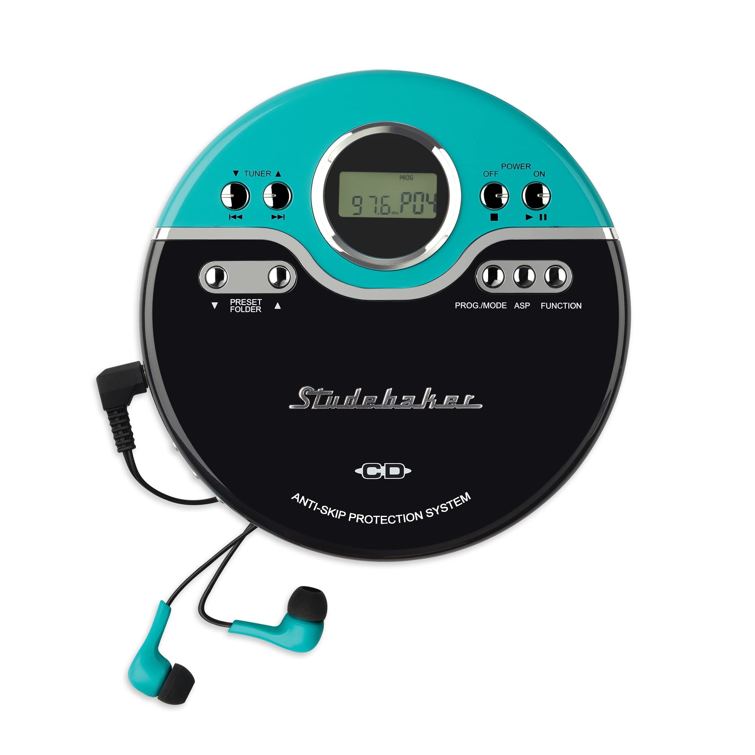 Retro Portable CD Player | CD-R/RW MP3 Playback | Programmable Personal CD Player | Anti-Skip | FM Radio | Mega Bass Boost | Sport Earbuds (Vintage Turquoise)