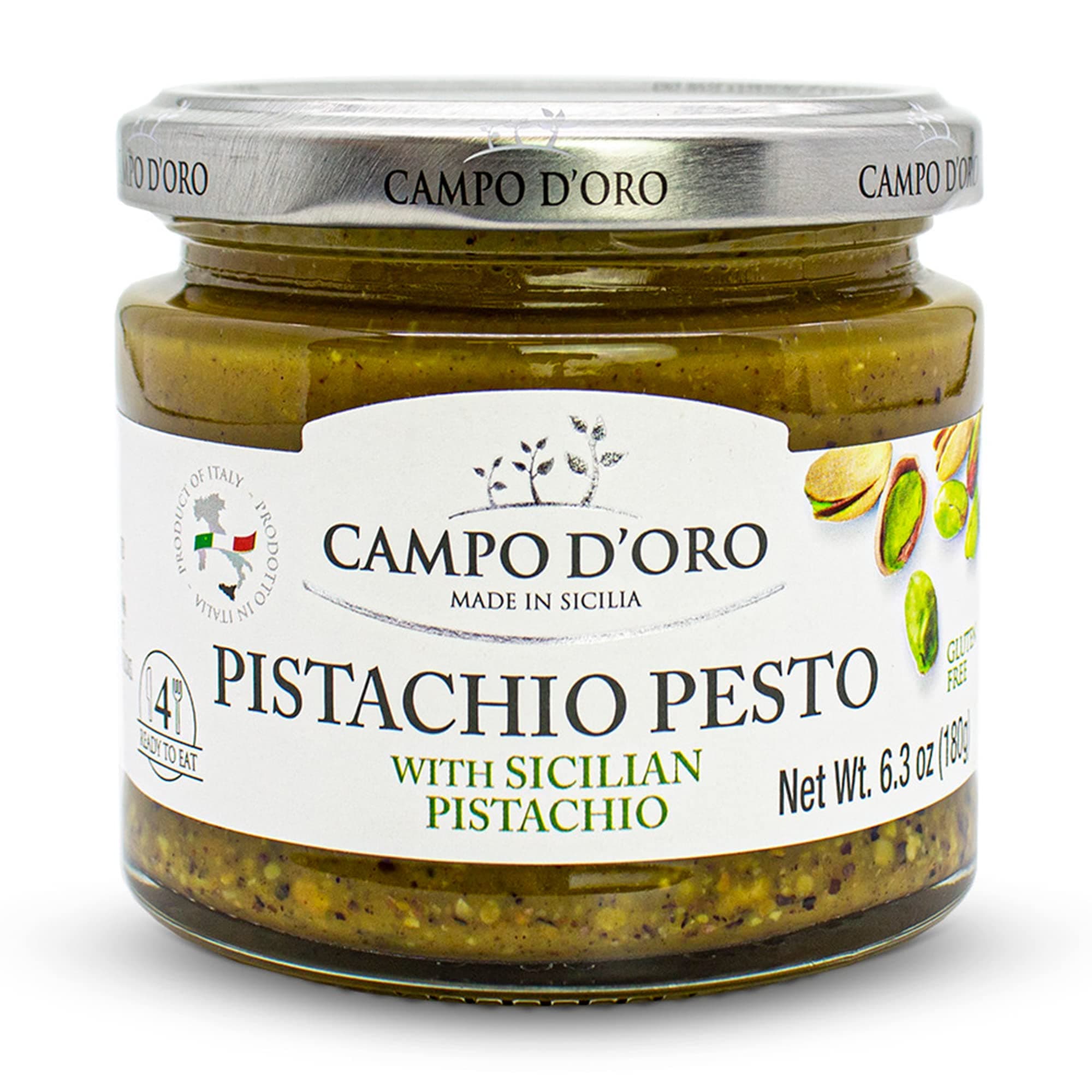 CAMPO D'ORO - Pistachio Pesto, Paste, UnSweetened, Sicilian Pesto Sauce, Savory, Creamy, Spreadable, 6.35oz, Sicily