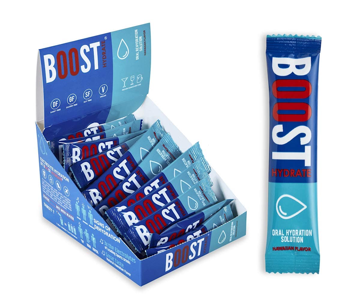 Boost Hydrate Electrolyte Hydration Powder: Patent-Pending Isotonic Solution (Fast Absorption) | Fatigue, Sickness & Hangover Cure, 30 Count Stick Pack (Hawaiian) - Keto, Gluten-Free, Non-GMO, Vegan