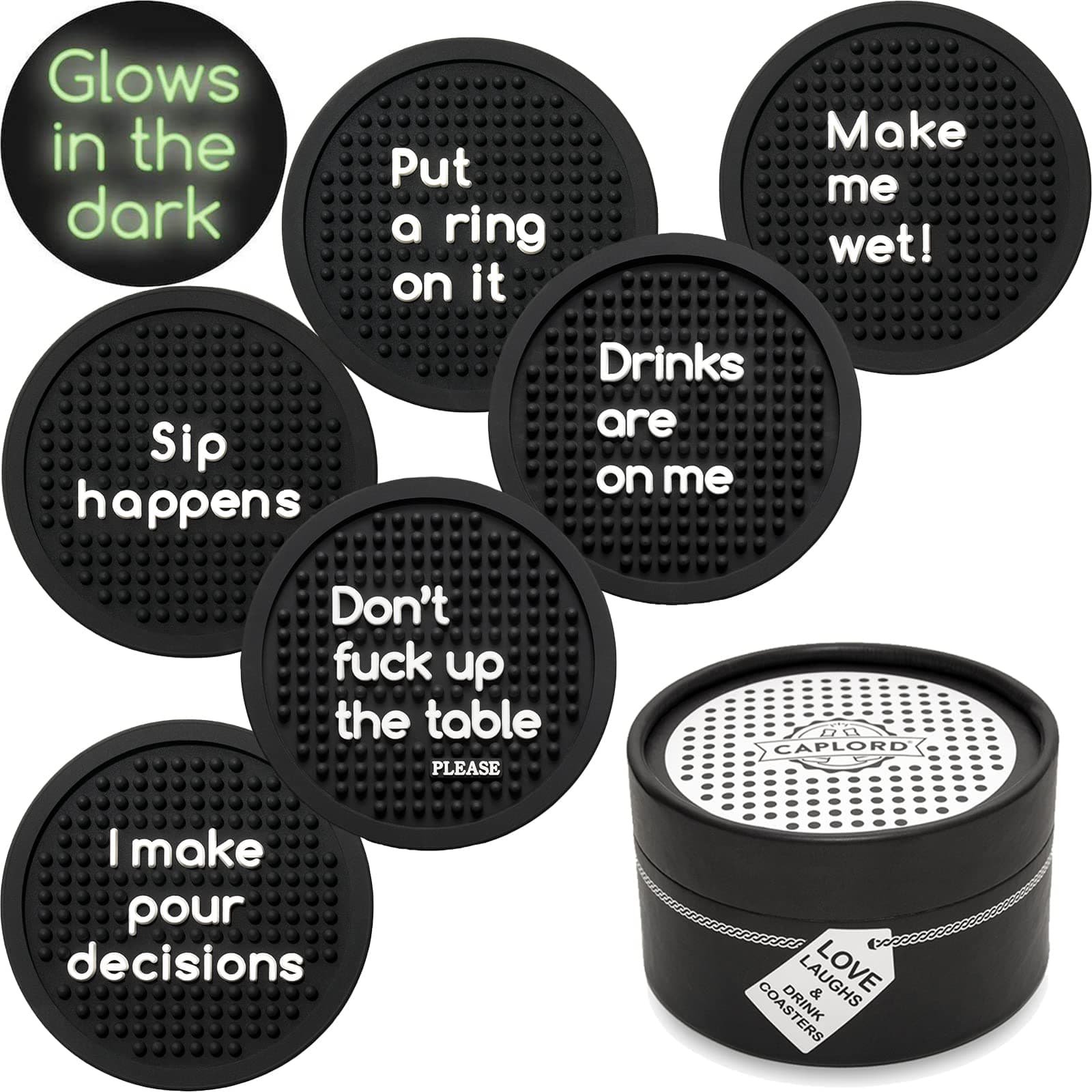 CAPLORD Table Coasters for Drinks Absorbent coasters Non Slip Black Silicone cute coffee drink coaster set of 6 Pack Outdoor Coasters for coffee table, Glow in The Dark Costers, Man Cave gifts