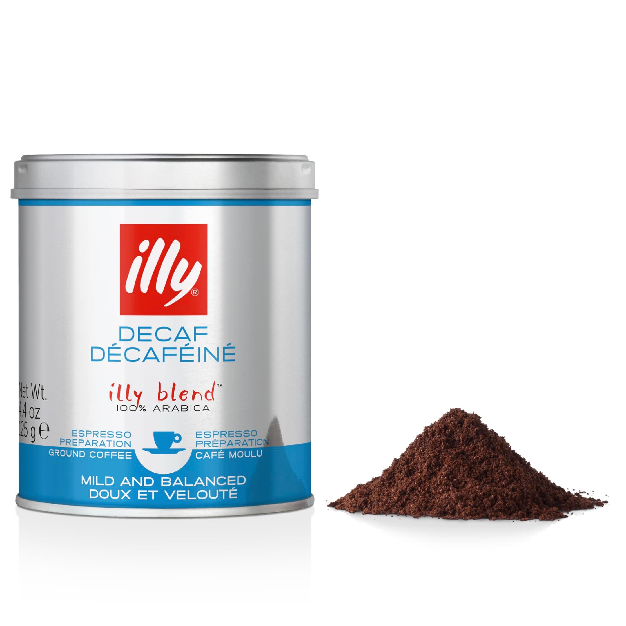 illy Decaffeinated Ground Coffee, Medium Roast, 100% Arabica, Finely Ground for Espresso & Moka Pot Coffee Makers, Low Caffeine, 125g Tin