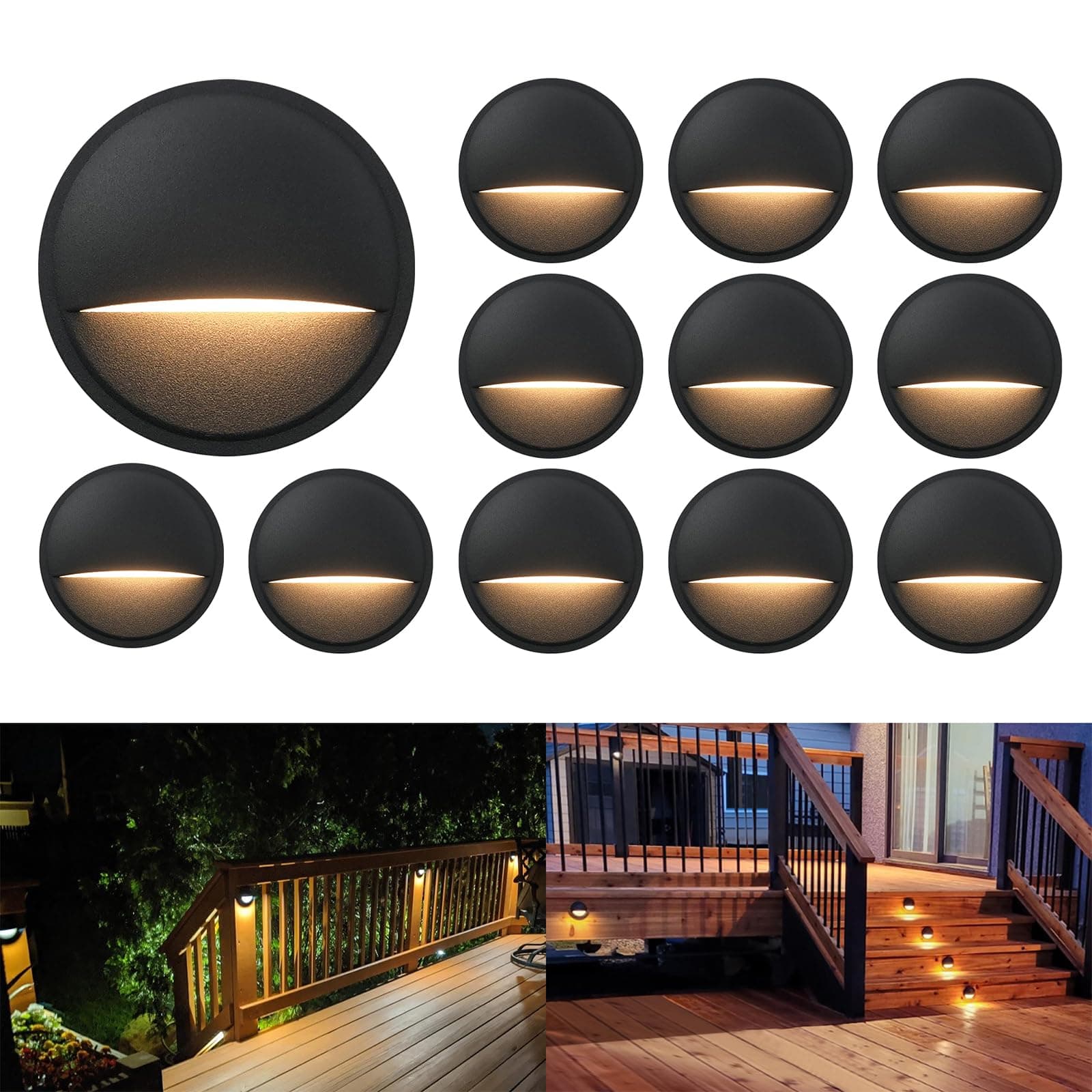 12 Pack Low Voltage LED Deck Lights, Landscape Step Lights Fixtures, 2W Integrated LED Chips, Die-cast Aluminum 12V AC/DC Railing Post Accent Lighting, Black Powder Coated Finish, UL-Listed